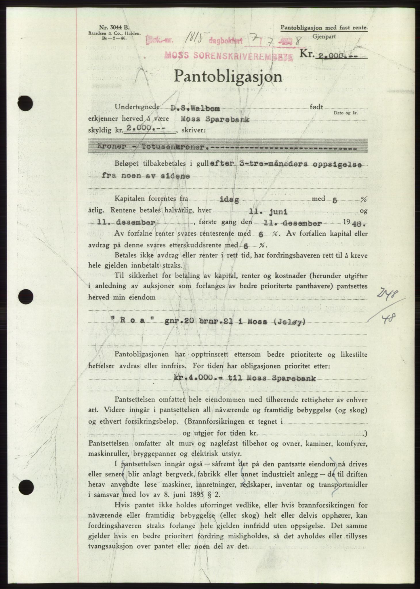 Moss sorenskriveri, AV/SAO-A-10168: Mortgage book no. B20, 1948-1948, Diary no: : 1815/1948