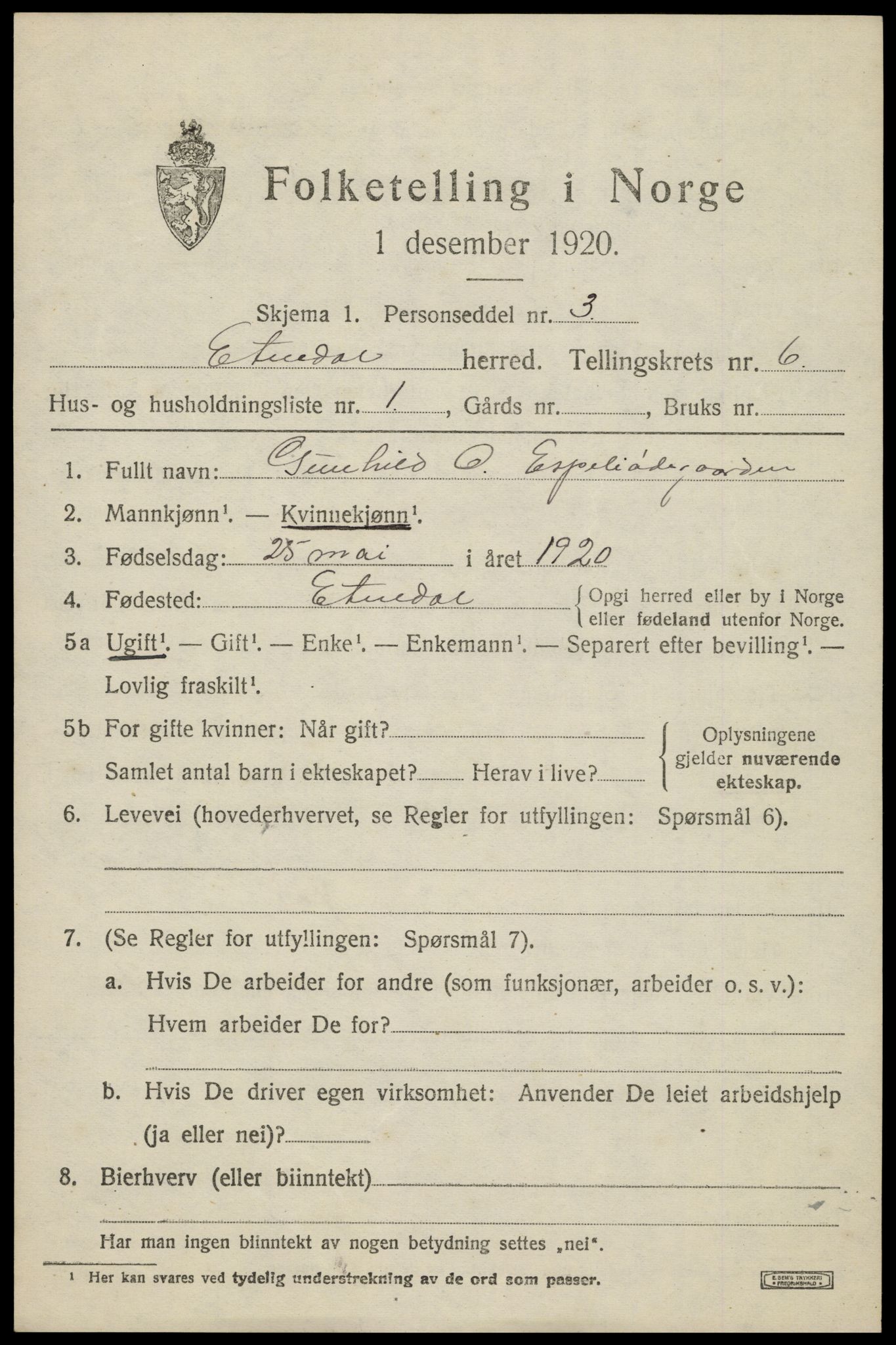 SAH, 1920 census for Etnedal, 1920, p. 2244