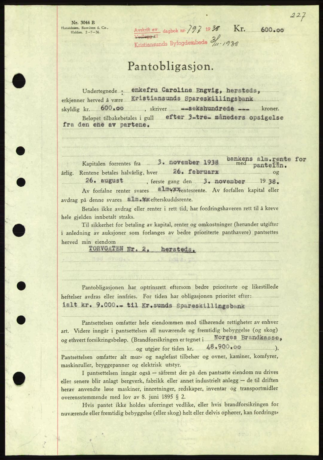 Kristiansund byfogd, SAT/A-4587/A/27: Mortgage book no. 31, 1938-1939, Diary no: : 797/1938