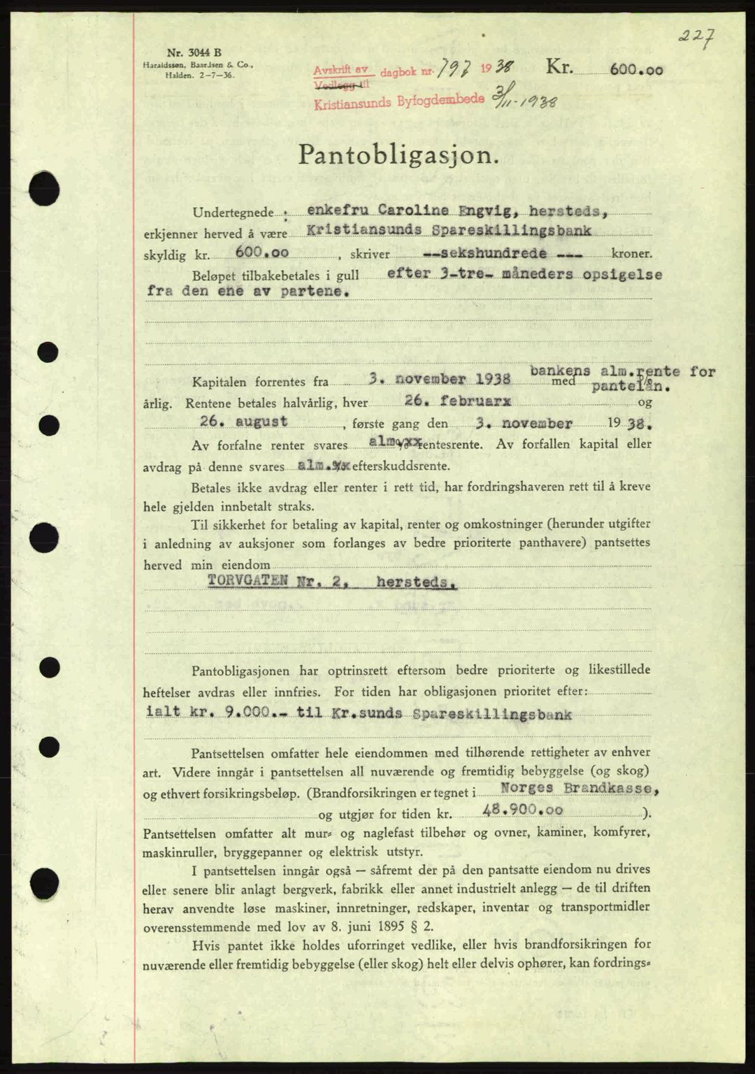 Kristiansund byfogd, AV/SAT-A-4587/A/27: Mortgage book no. 31, 1938-1939, Diary no: : 797/1938