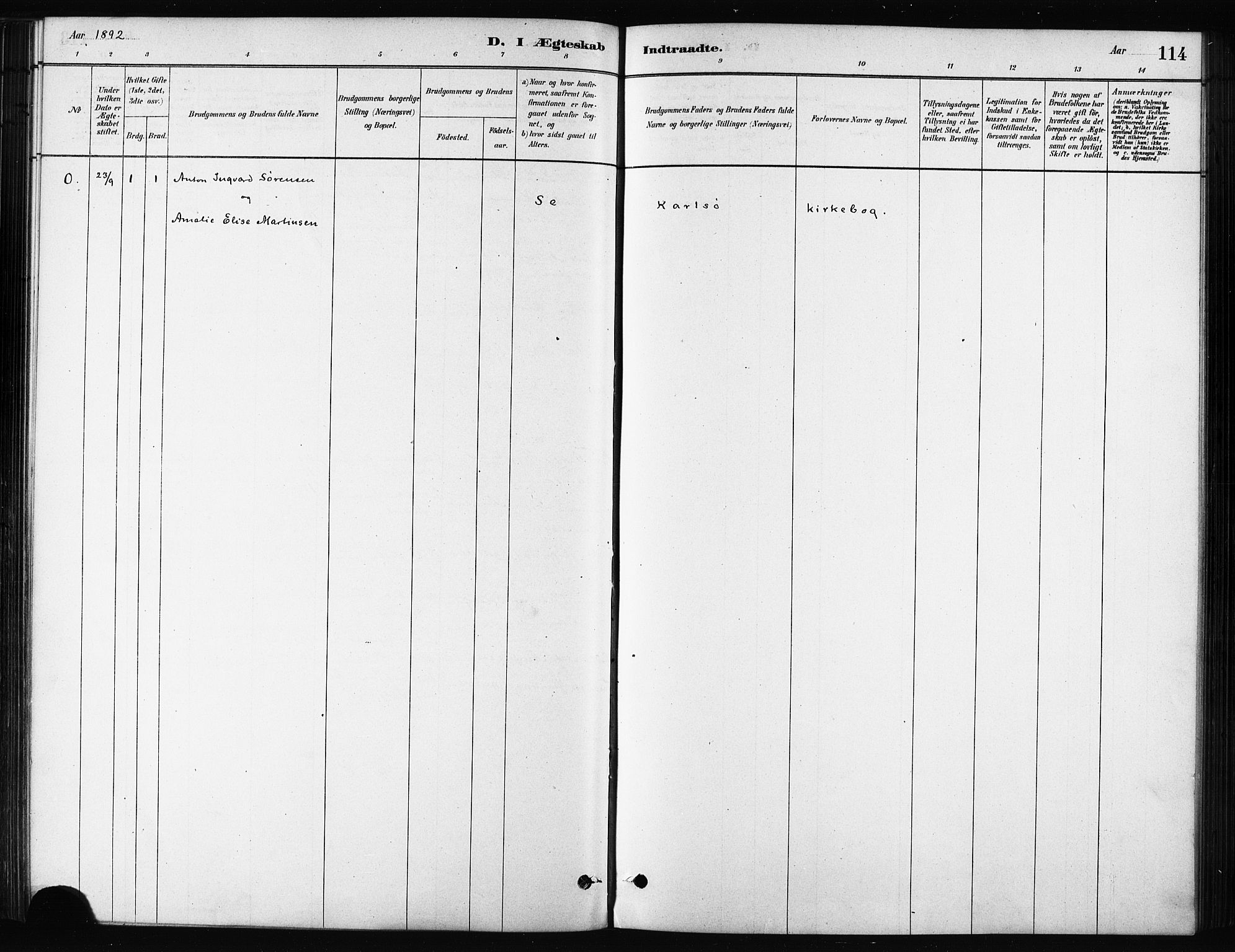 Karlsøy sokneprestembete, AV/SATØ-S-1299/H/Ha/Haa/L0011kirke: Parish register (official) no. 11, 1879-1892, p. 114