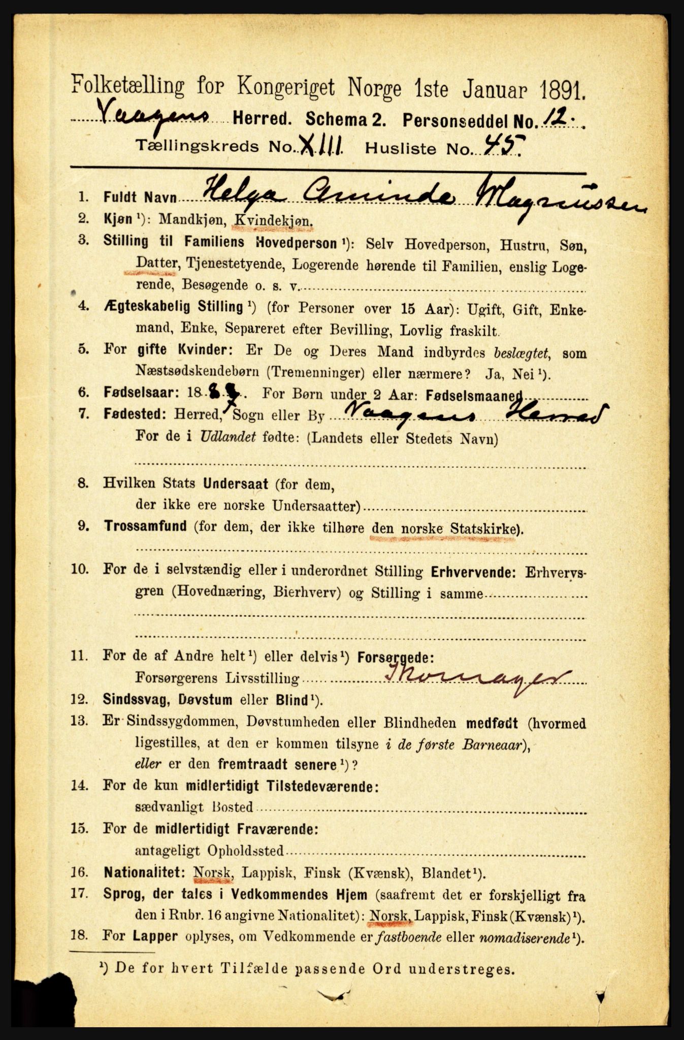 RA, 1891 census for 1865 Vågan, 1891, p. 3598