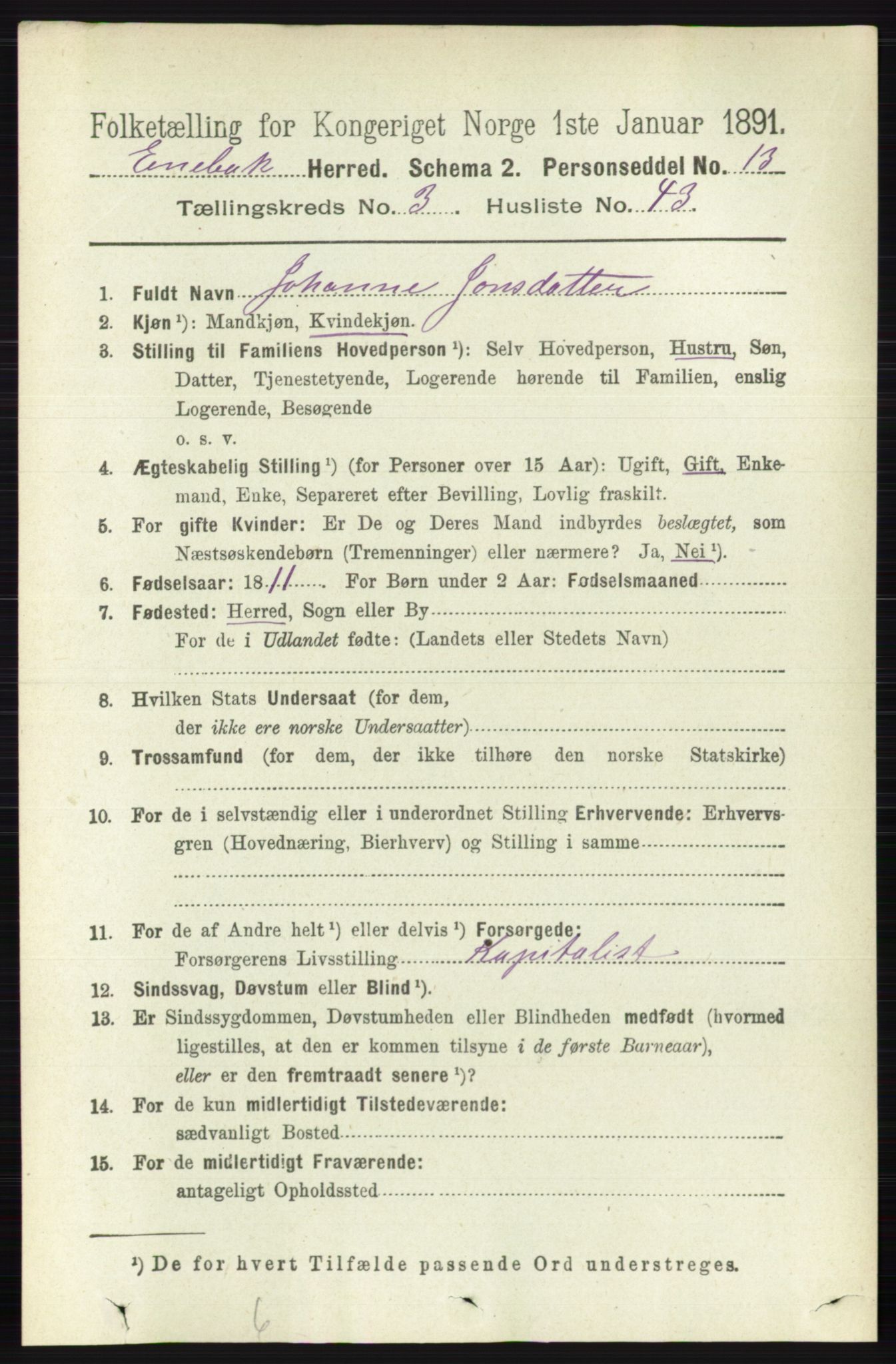 RA, 1891 census for 0229 Enebakk, 1891, p. 1392