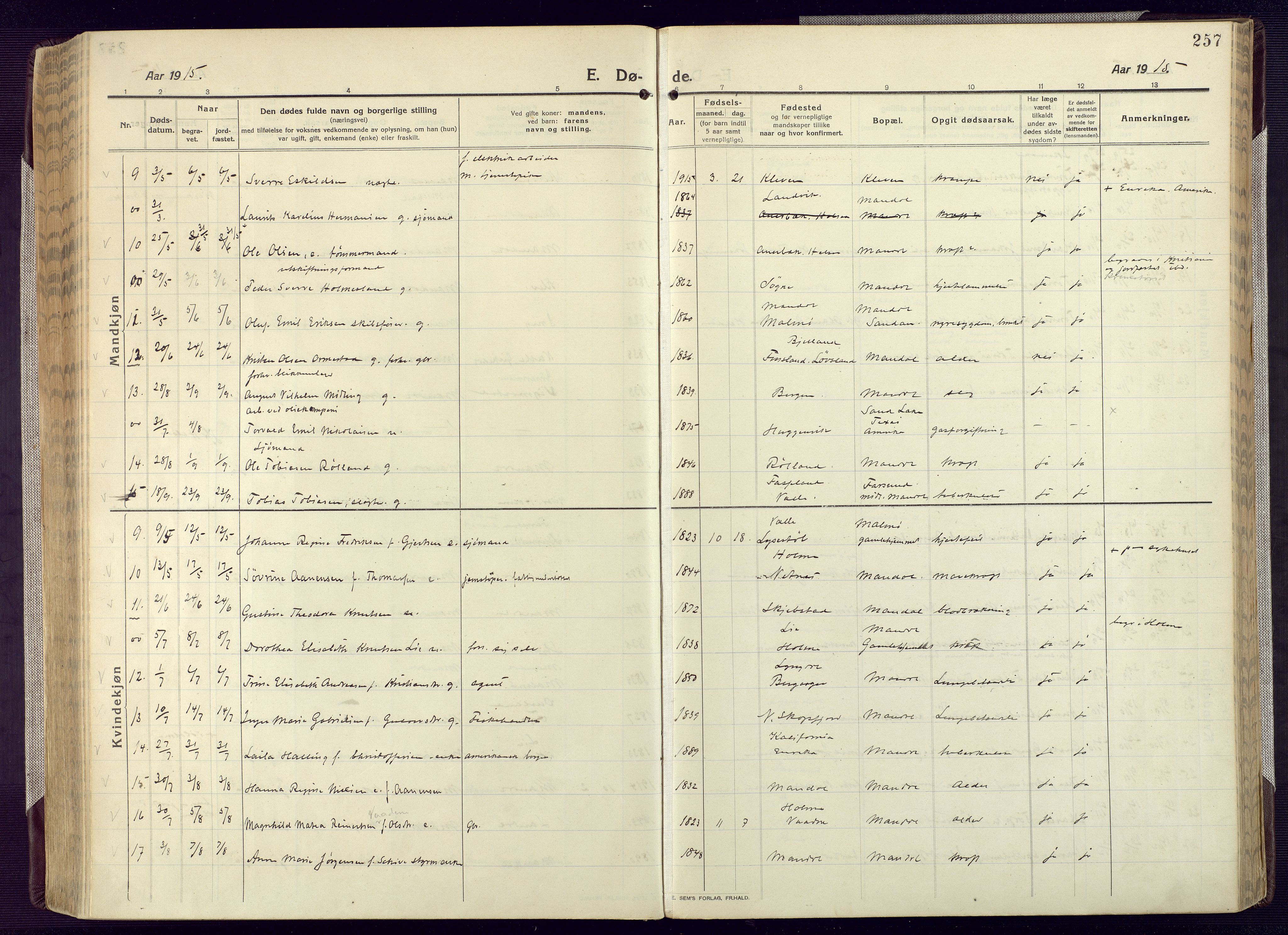 Mandal sokneprestkontor, AV/SAK-1111-0030/F/Fa/Fac/L0001: Parish register (official) no. A 1, 1913-1925, p. 257