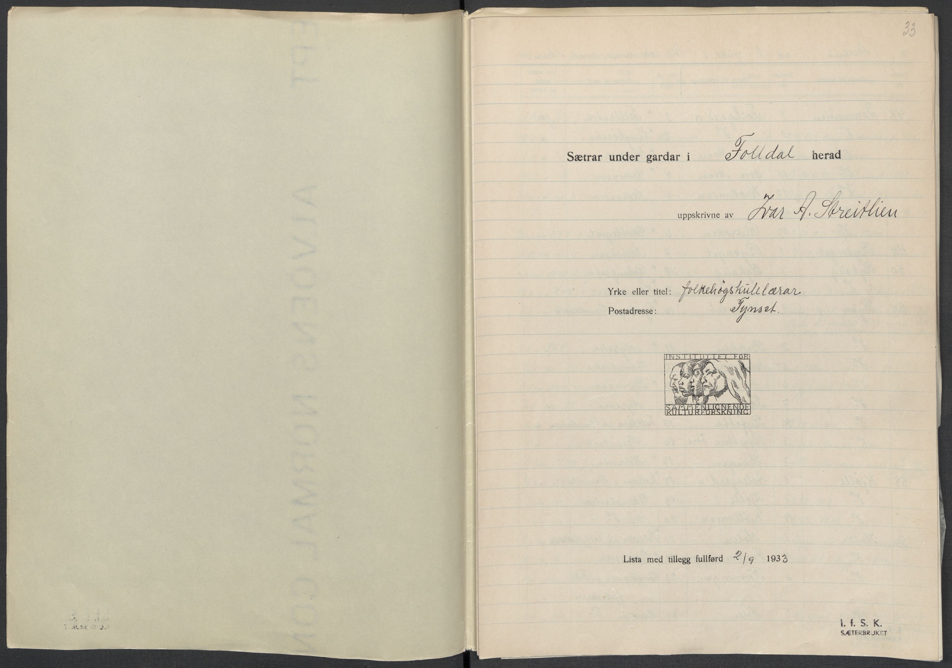 Instituttet for sammenlignende kulturforskning, AV/RA-PA-0424/F/Fc/L0003/0003: Eske B3: / Hedmark (perm VI), 1933-1939, p. 33