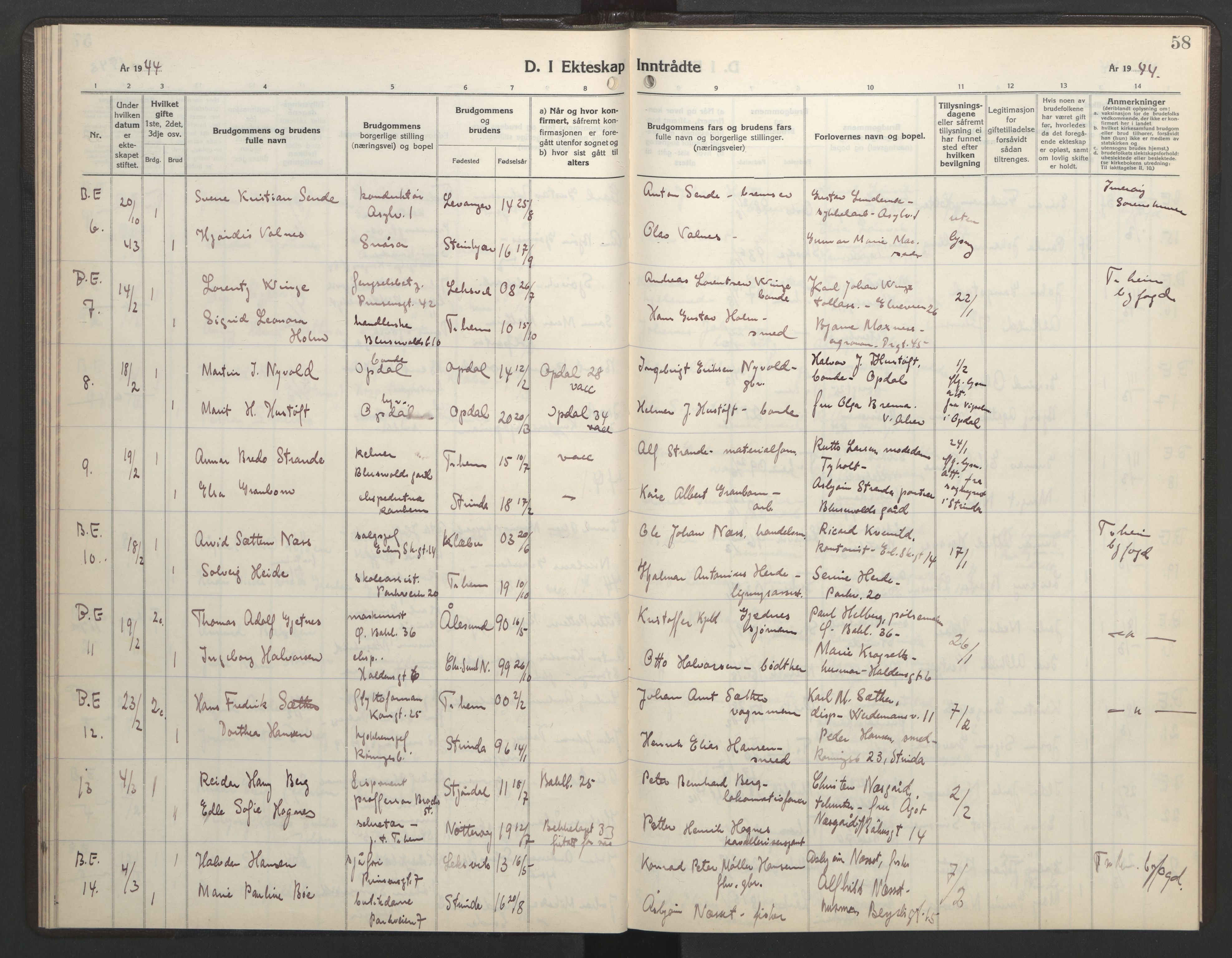 Ministerialprotokoller, klokkerbøker og fødselsregistre - Sør-Trøndelag, AV/SAT-A-1456/602/L0154: Parish register (copy) no. 602C22, 1940-1947, p. 58