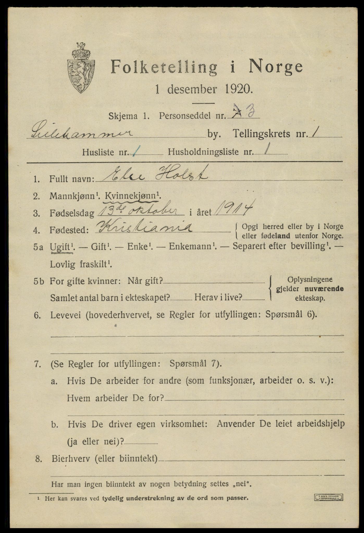 SAH, 1920 census for Lillehammer, 1920, p. 3738