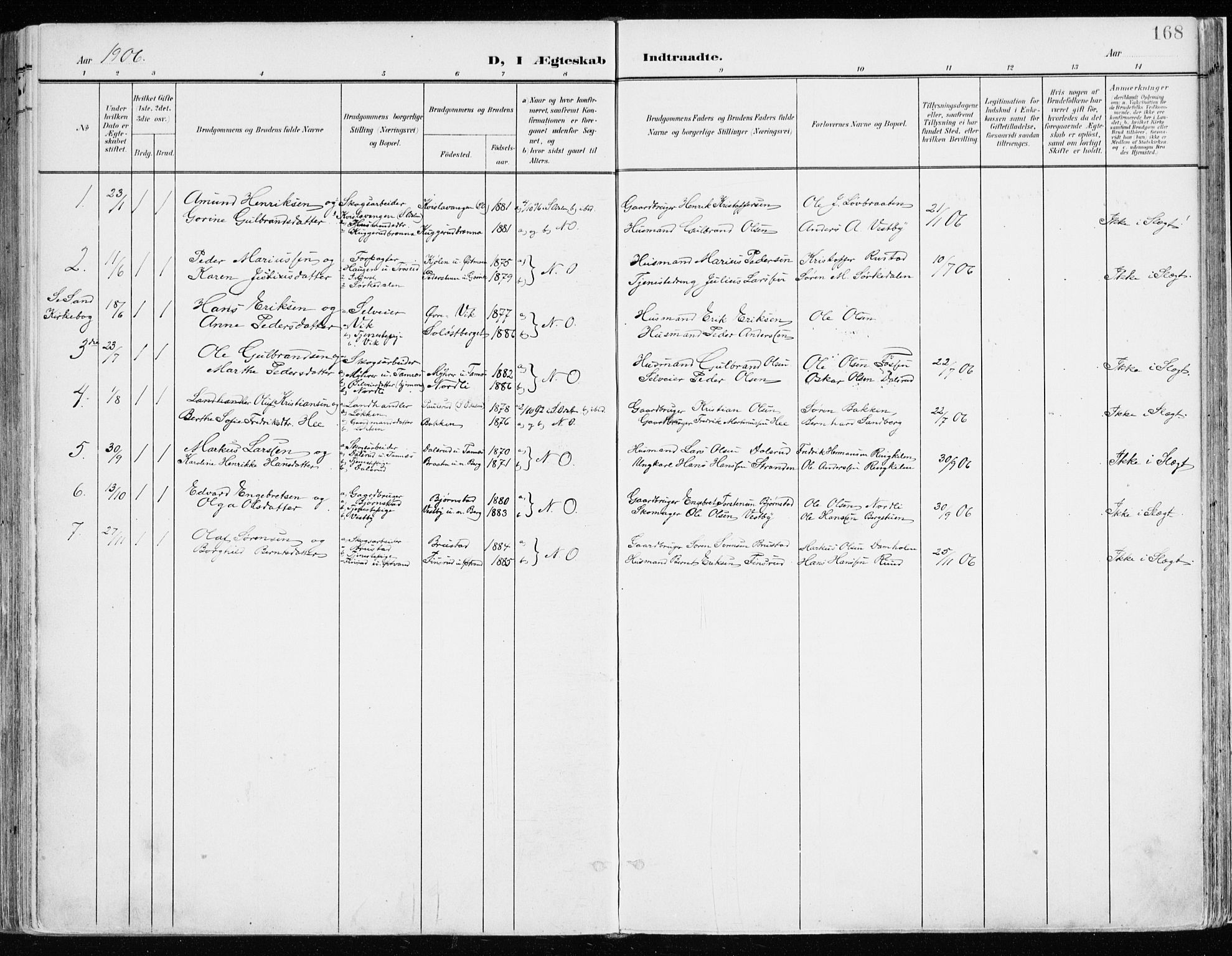 Nord-Odal prestekontor, SAH/PREST-032/H/Ha/Haa/L0009: Parish register (official) no. 9, 1902-1926, p. 168