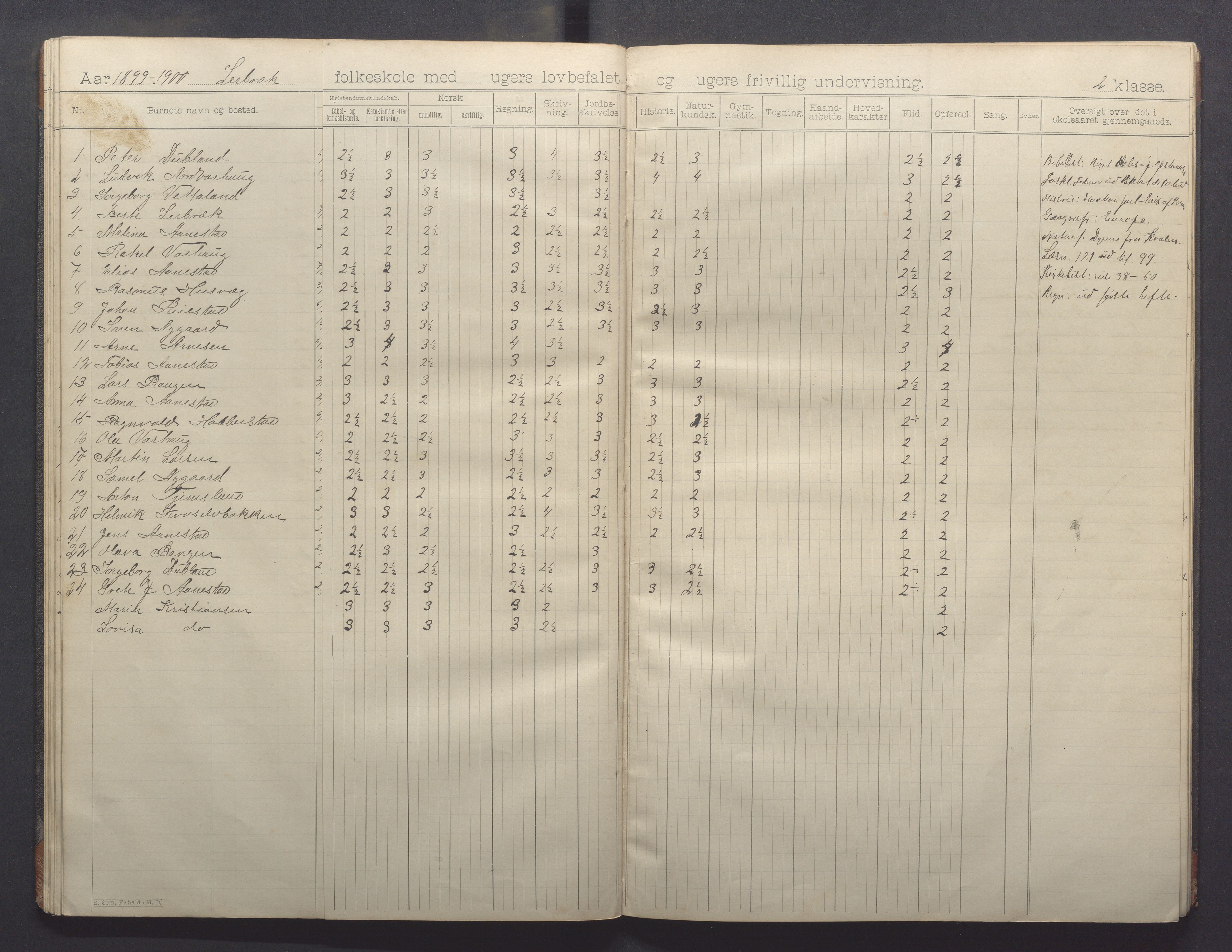 Varhaug kommune- Lerbrekk skule, IKAR/K-100961/H/L0002: Skuleprotokoll, 1892-1902, p. 38