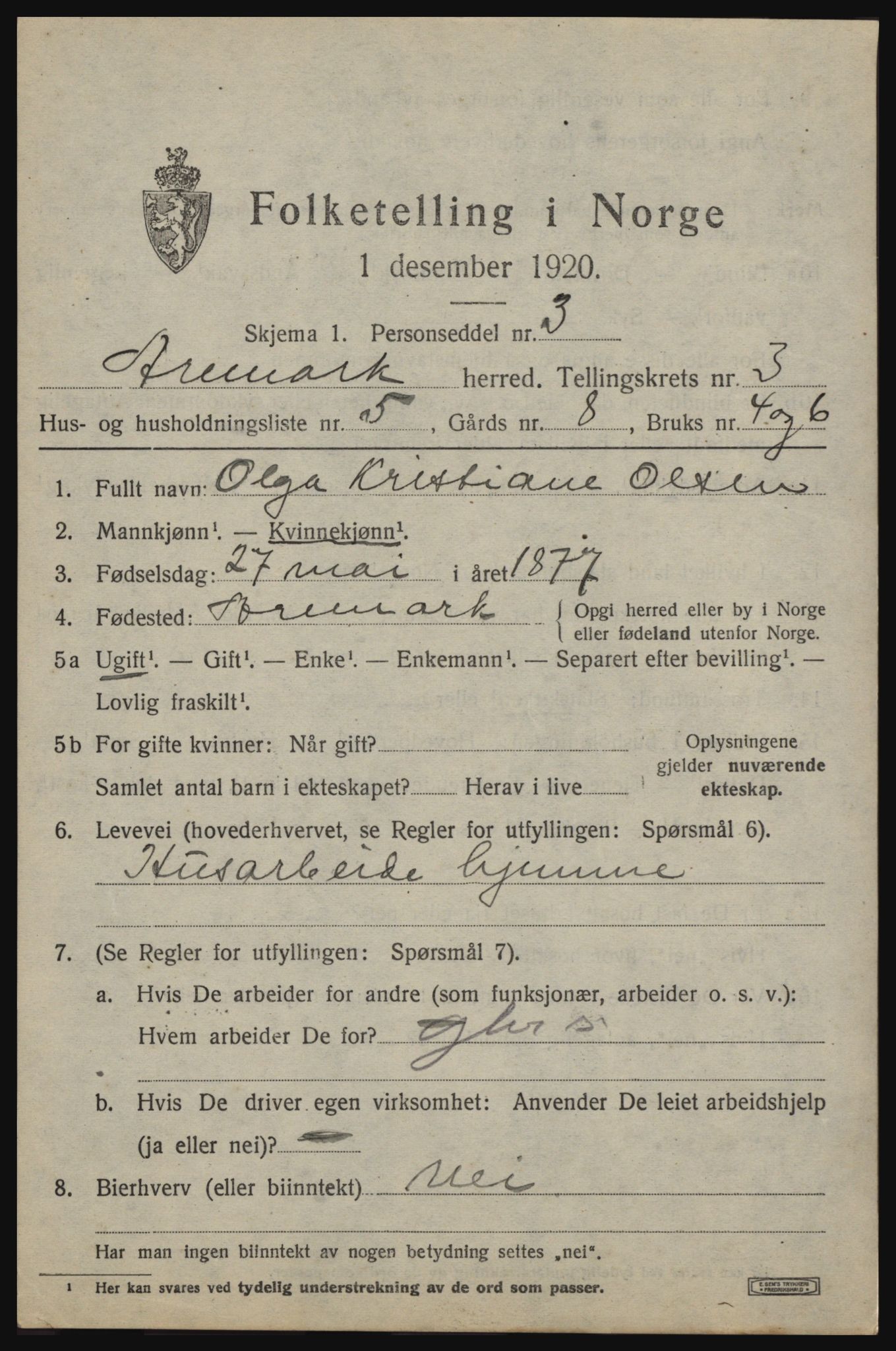 SAO, 1920 census for Aremark, 1920, p. 2181