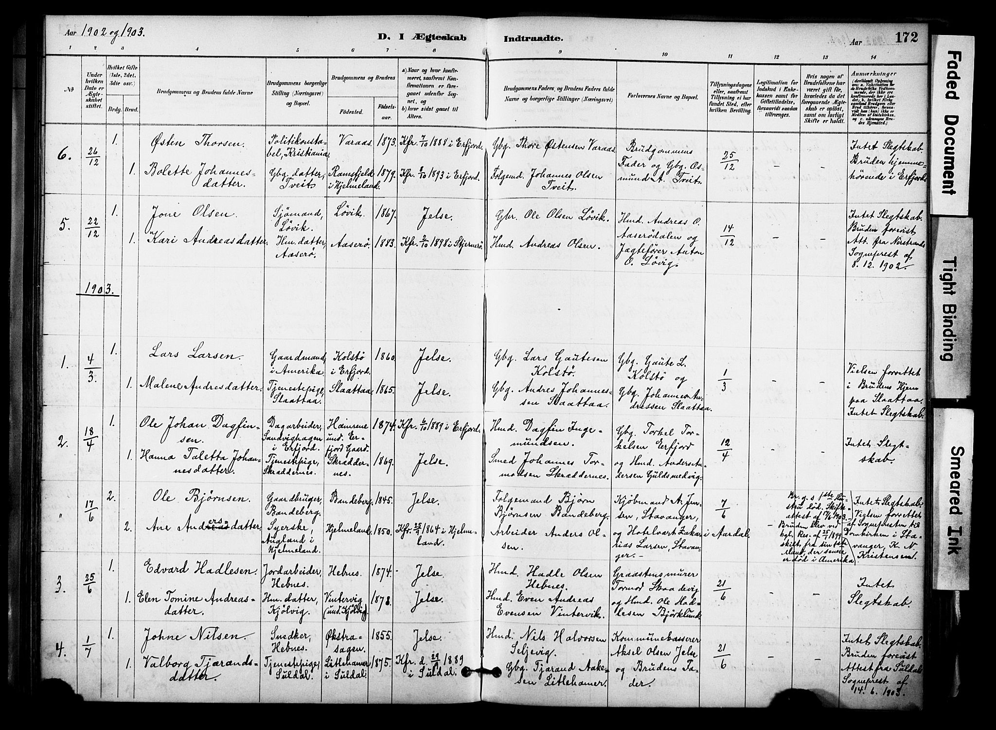 Jelsa sokneprestkontor, AV/SAST-A-101842/01/IV: Parish register (official) no. A 10, 1884-1906, p. 172