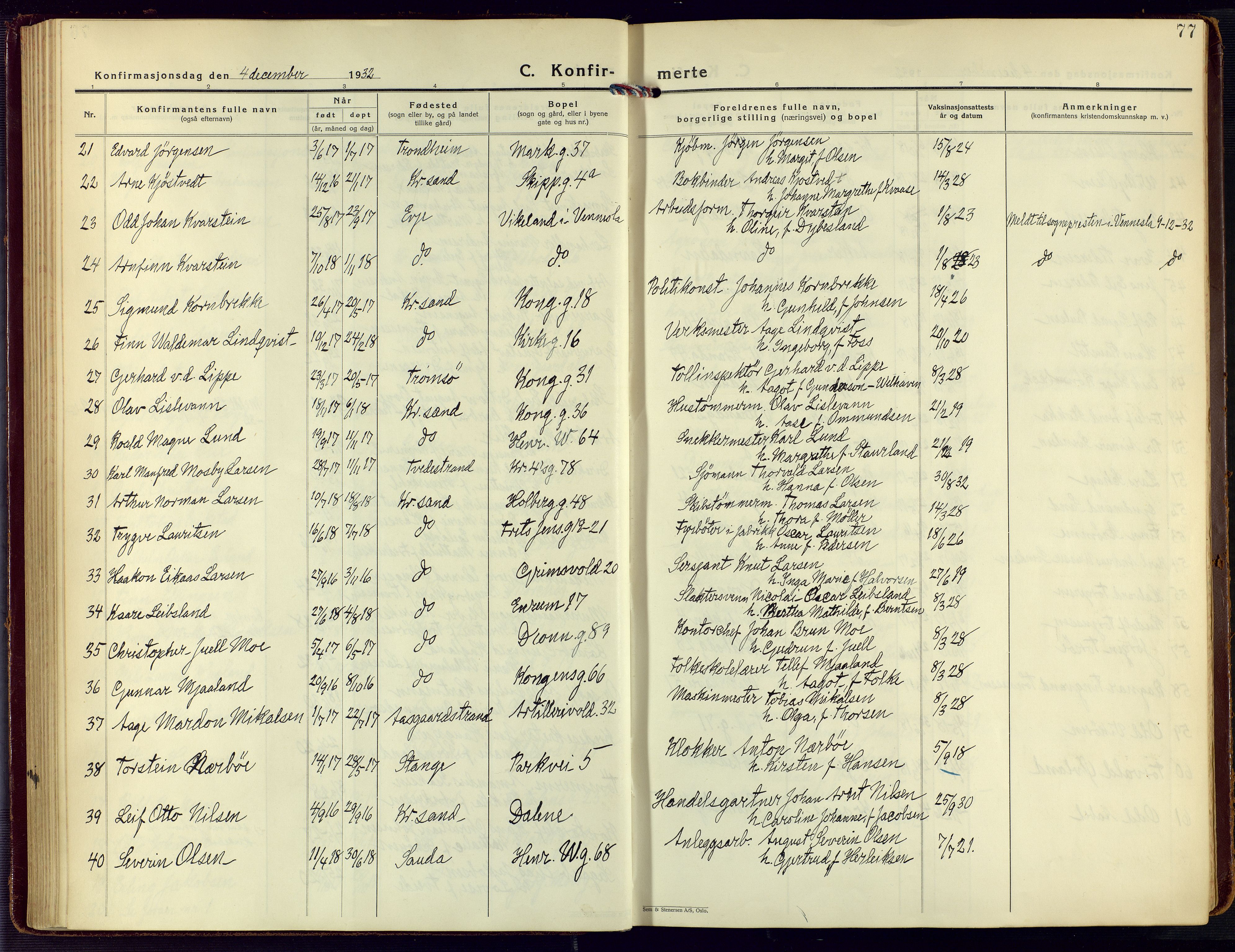 Kristiansand domprosti, AV/SAK-1112-0006/F/Fa/L0027: Parish register (official) no. A 26, 1928-1940, p. 77