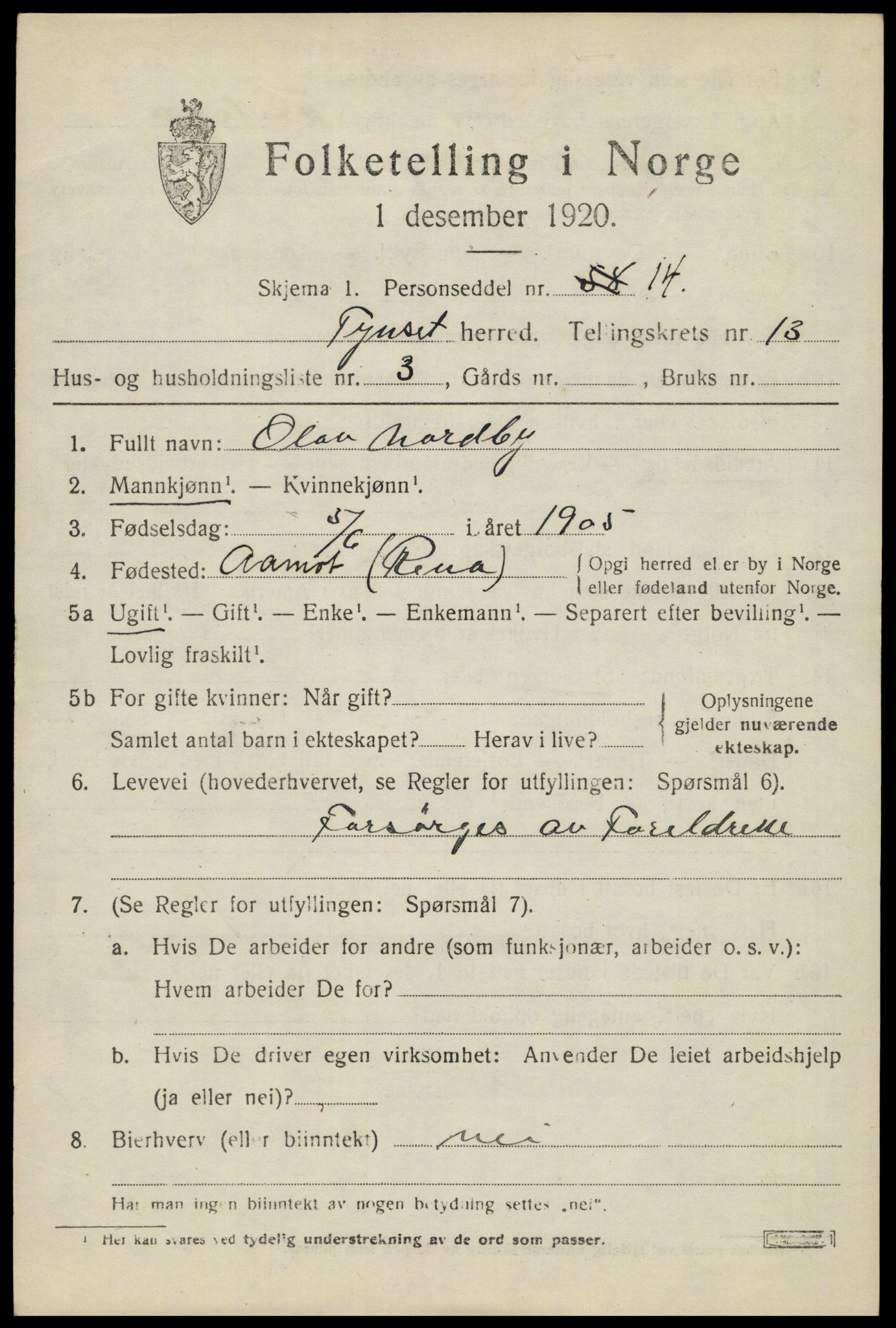 SAH, 1920 census for Tynset, 1920, p. 8614