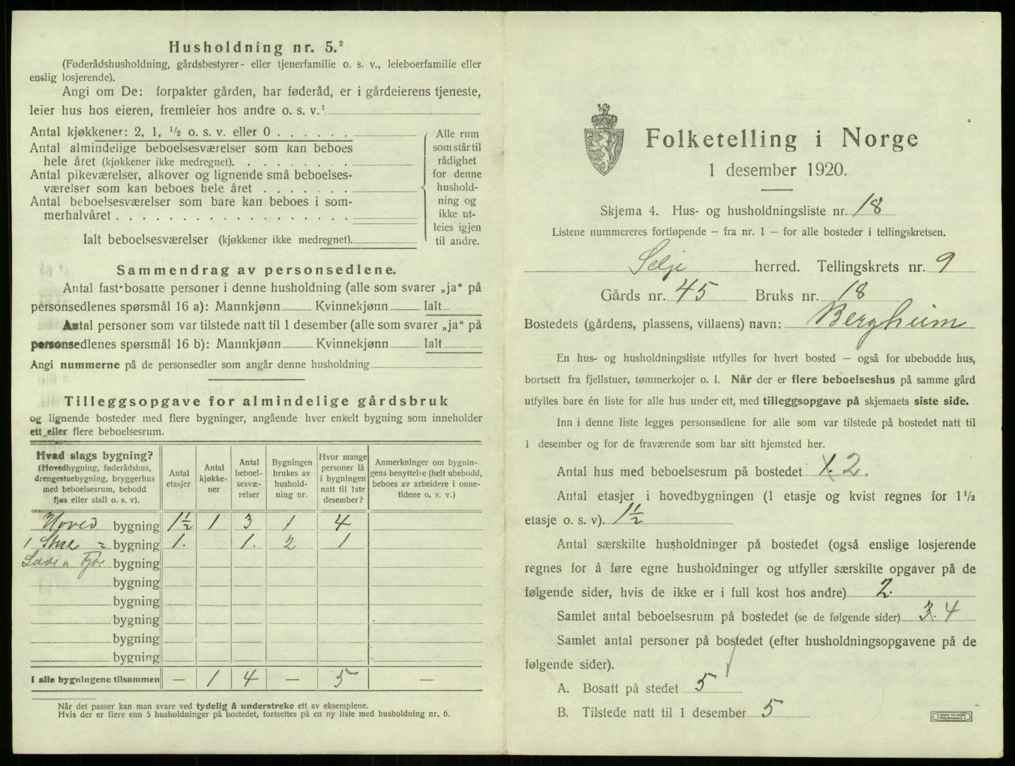 SAB, 1920 census for Selje, 1920, p. 579