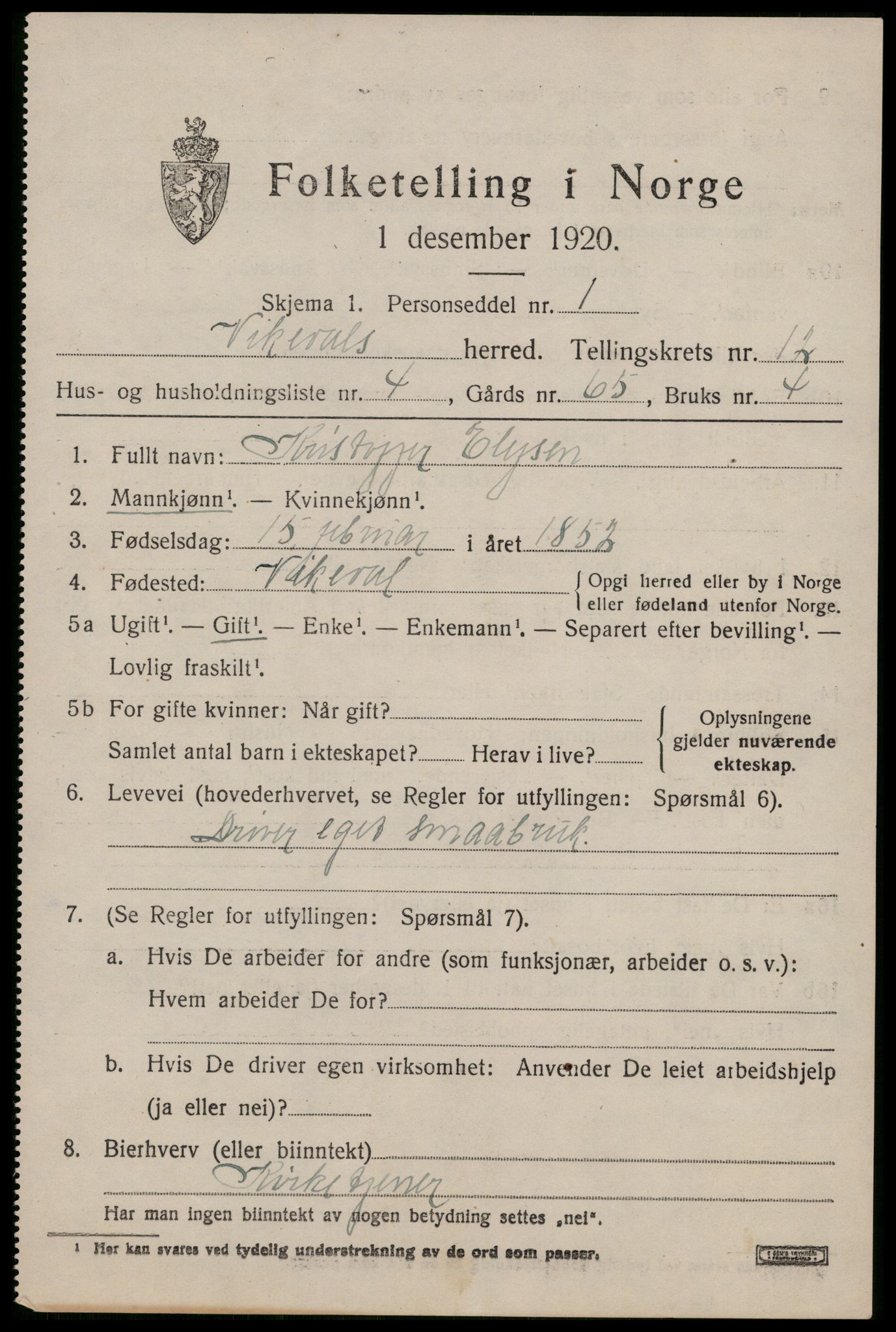 SAST, 1920 census for Vikedal, 1920, p. 3787