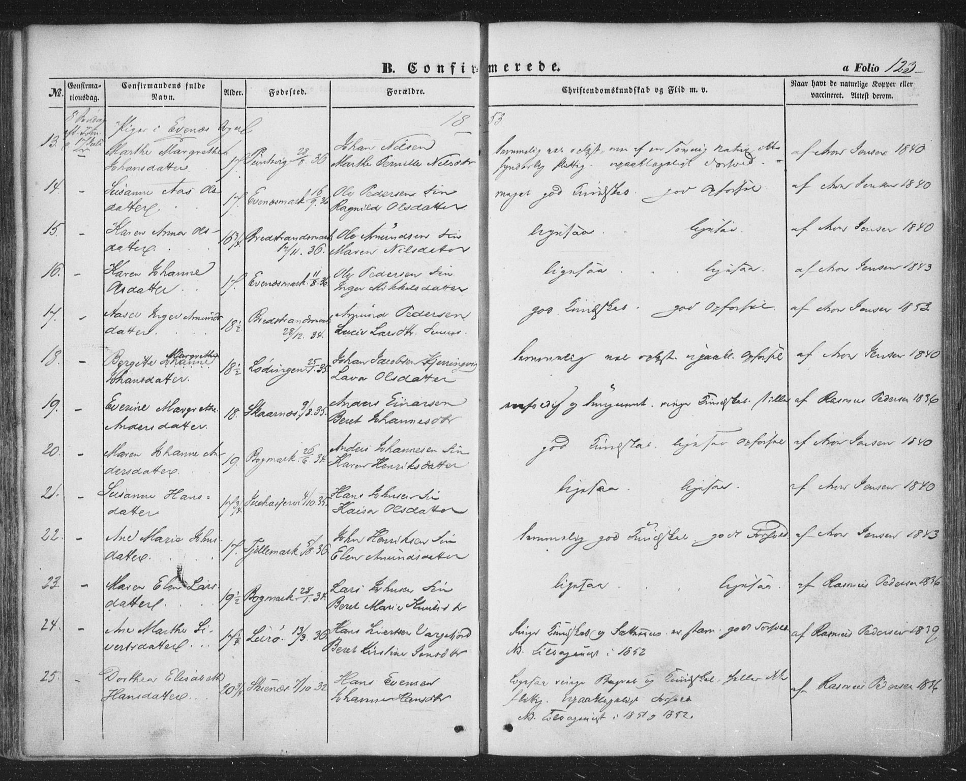 Ministerialprotokoller, klokkerbøker og fødselsregistre - Nordland, AV/SAT-A-1459/863/L0895: Parish register (official) no. 863A07, 1851-1860, p. 123