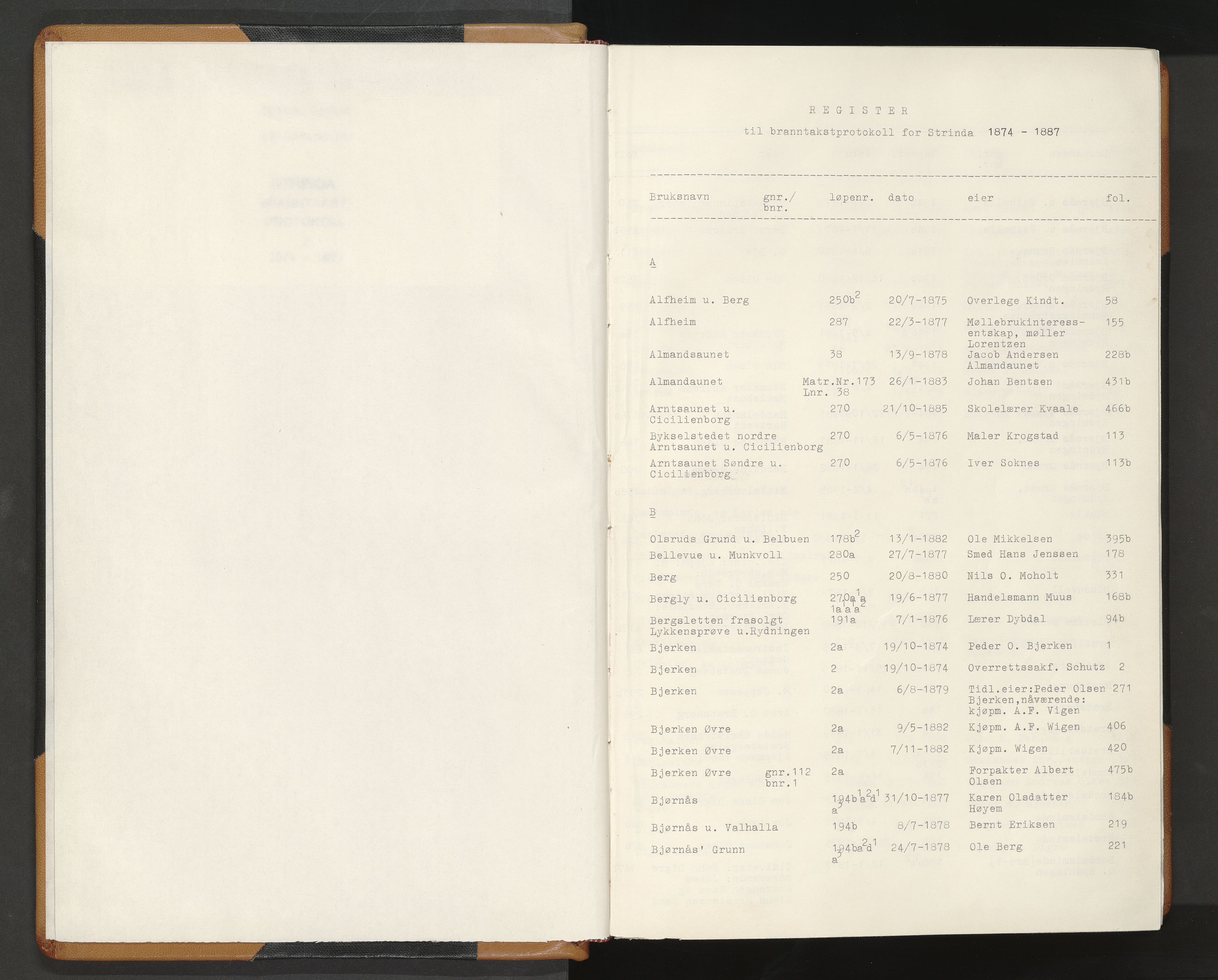 Norges Brannkasse Strinda, AV/SAT-A-5516/Fa/L0002: Branntakstprotokoll, 1874-1895