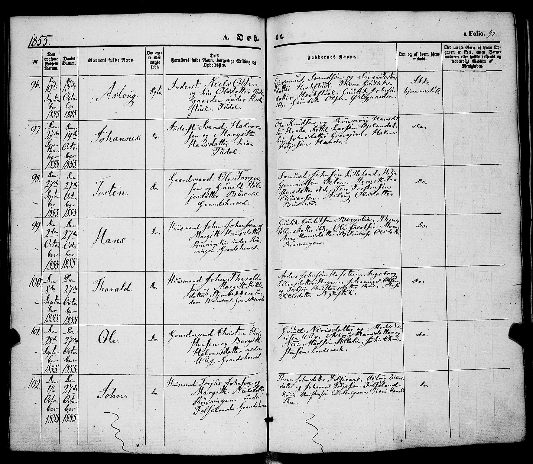 Hjartdal kirkebøker, AV/SAKO-A-270/F/Fa/L0008: Parish register (official) no. I 8, 1844-1859, p. 94