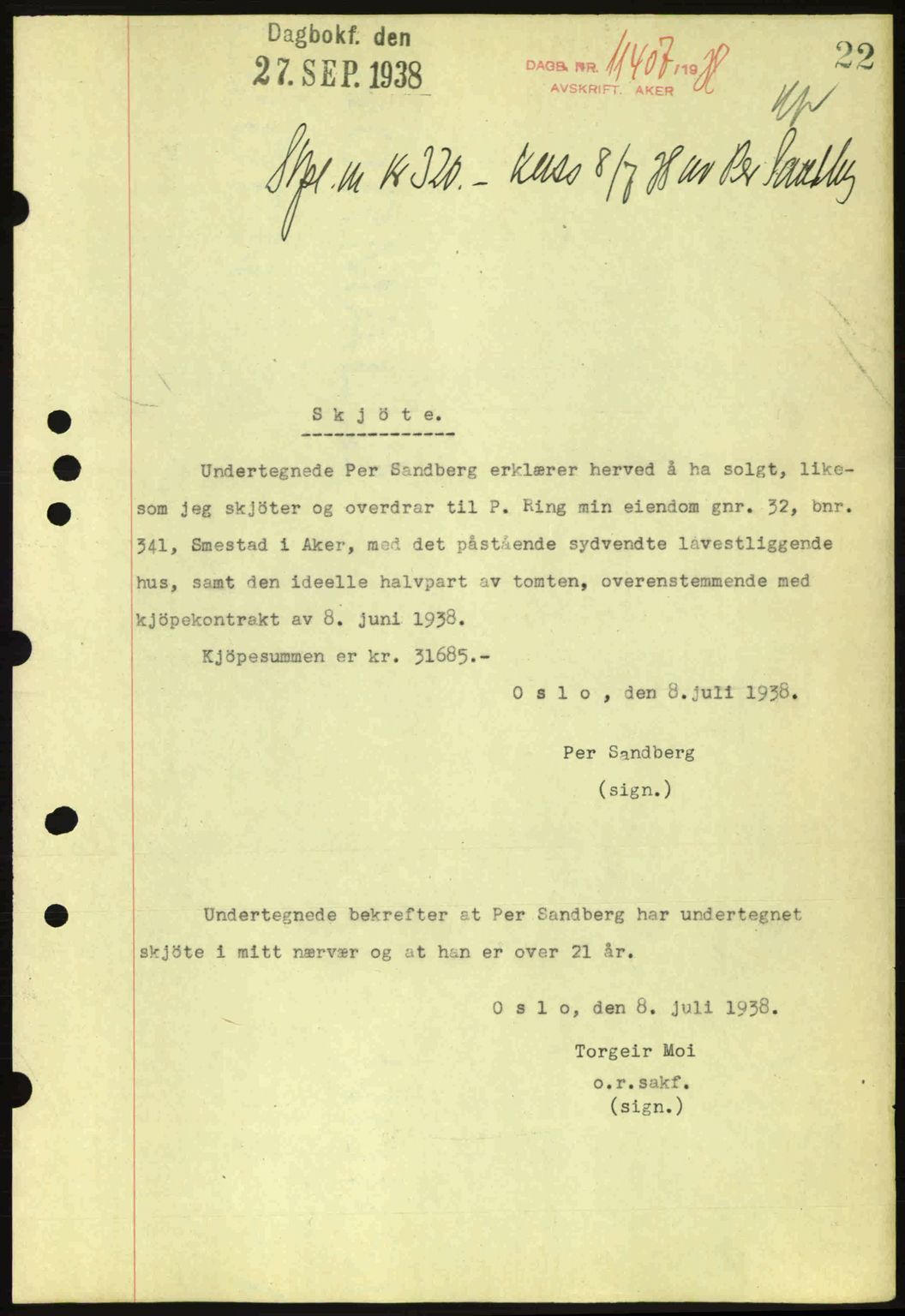 Aker herredsskriveri, SAO/A-10896/G/Gb/Gba/Gbab/L0025: Mortgage book no. A154-155, 1938-1938, Diary no: : 11407/1938