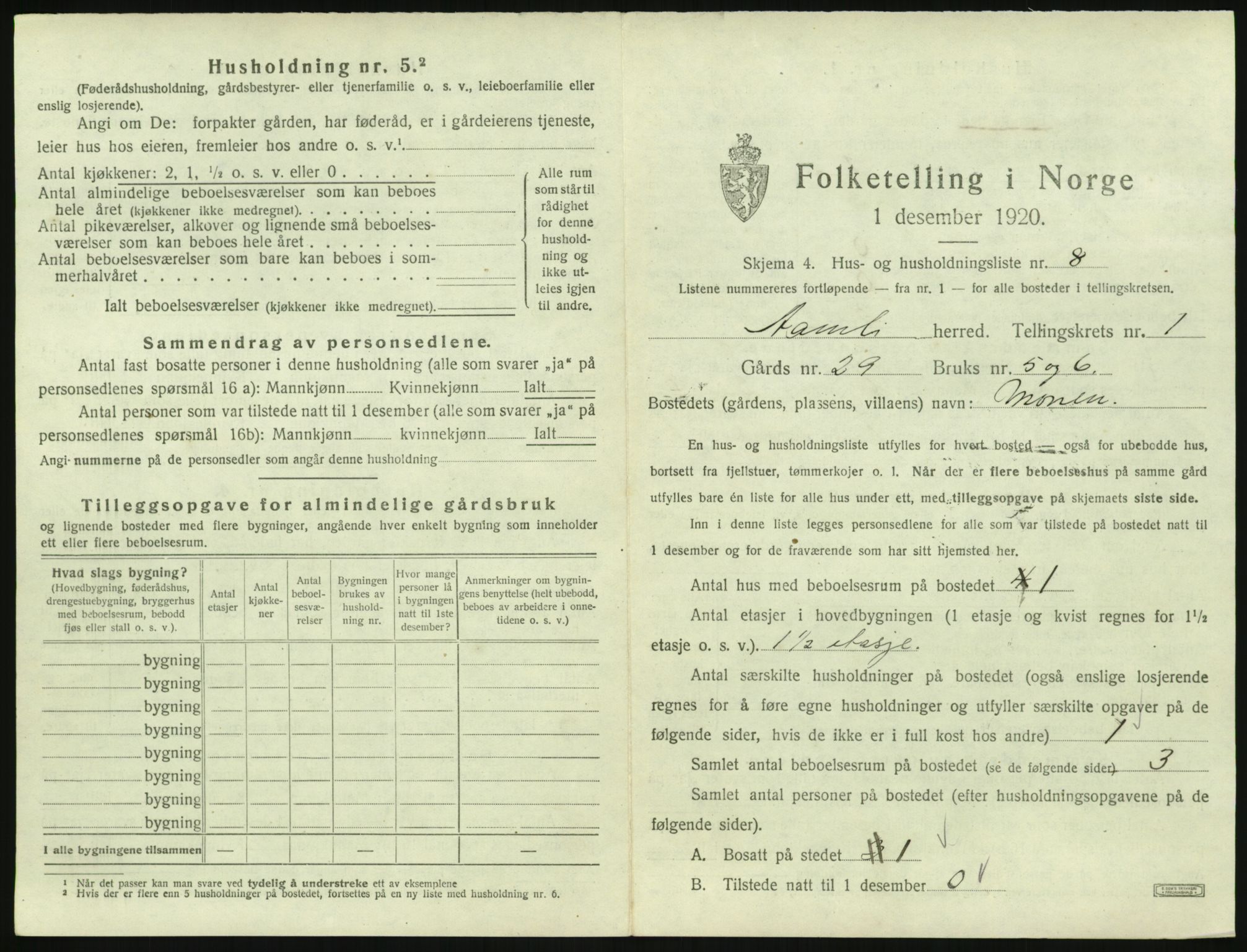 SAK, 1920 census for Åmli, 1920, p. 57