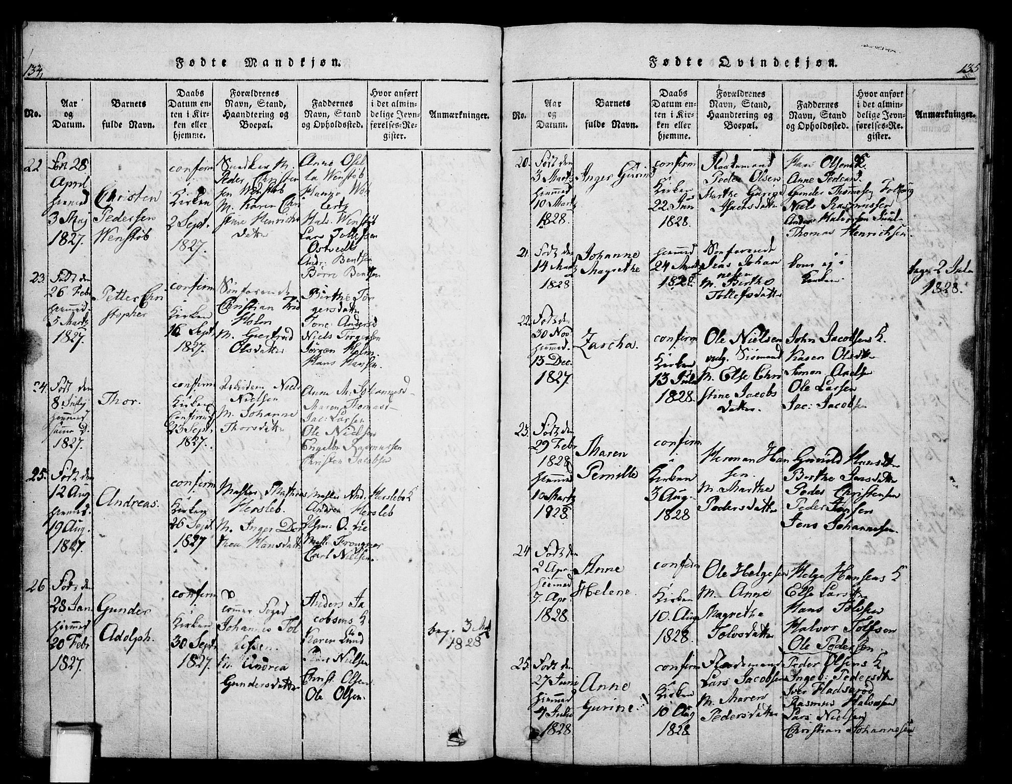Skien kirkebøker, SAKO/A-302/G/Ga/L0002: Parish register (copy) no. 2, 1814-1842, p. 134-135