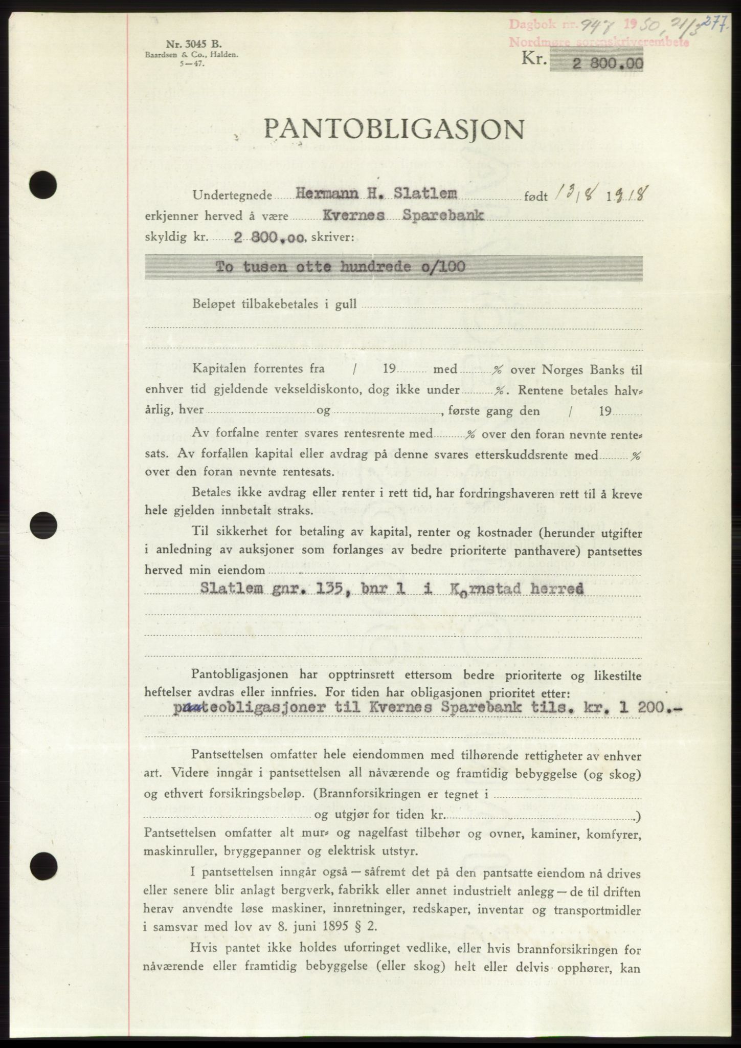 Nordmøre sorenskriveri, AV/SAT-A-4132/1/2/2Ca: Mortgage book no. B104, 1950-1950, Diary no: : 947/1950