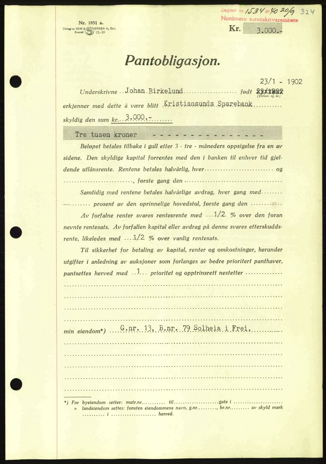 Nordmøre sorenskriveri, AV/SAT-A-4132/1/2/2Ca: Mortgage book no. B87, 1940-1941, Diary no: : 1534/1940