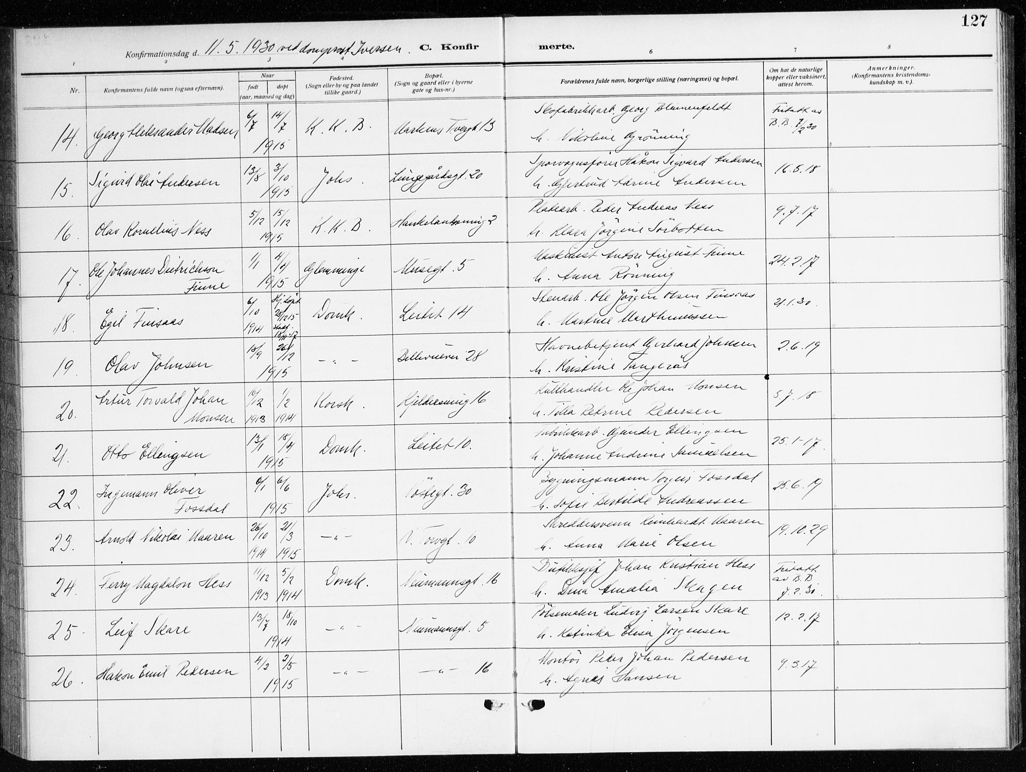 Domkirken sokneprestembete, AV/SAB-A-74801/H/Haa/L0032: Parish register (official) no. C 7, 1915-1930, p. 127