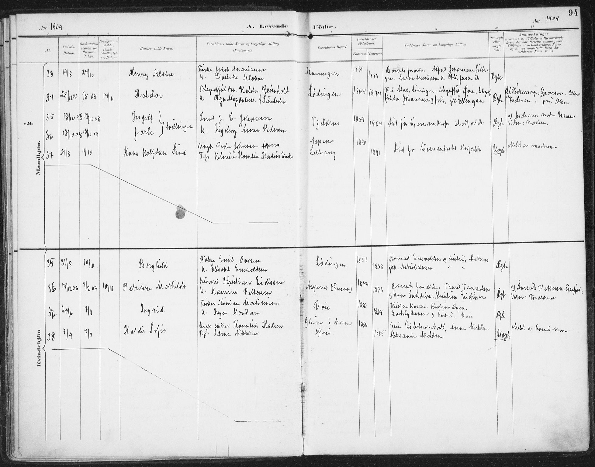 Ministerialprotokoller, klokkerbøker og fødselsregistre - Nordland, AV/SAT-A-1459/872/L1036: Parish register (official) no. 872A11, 1897-1913, p. 94