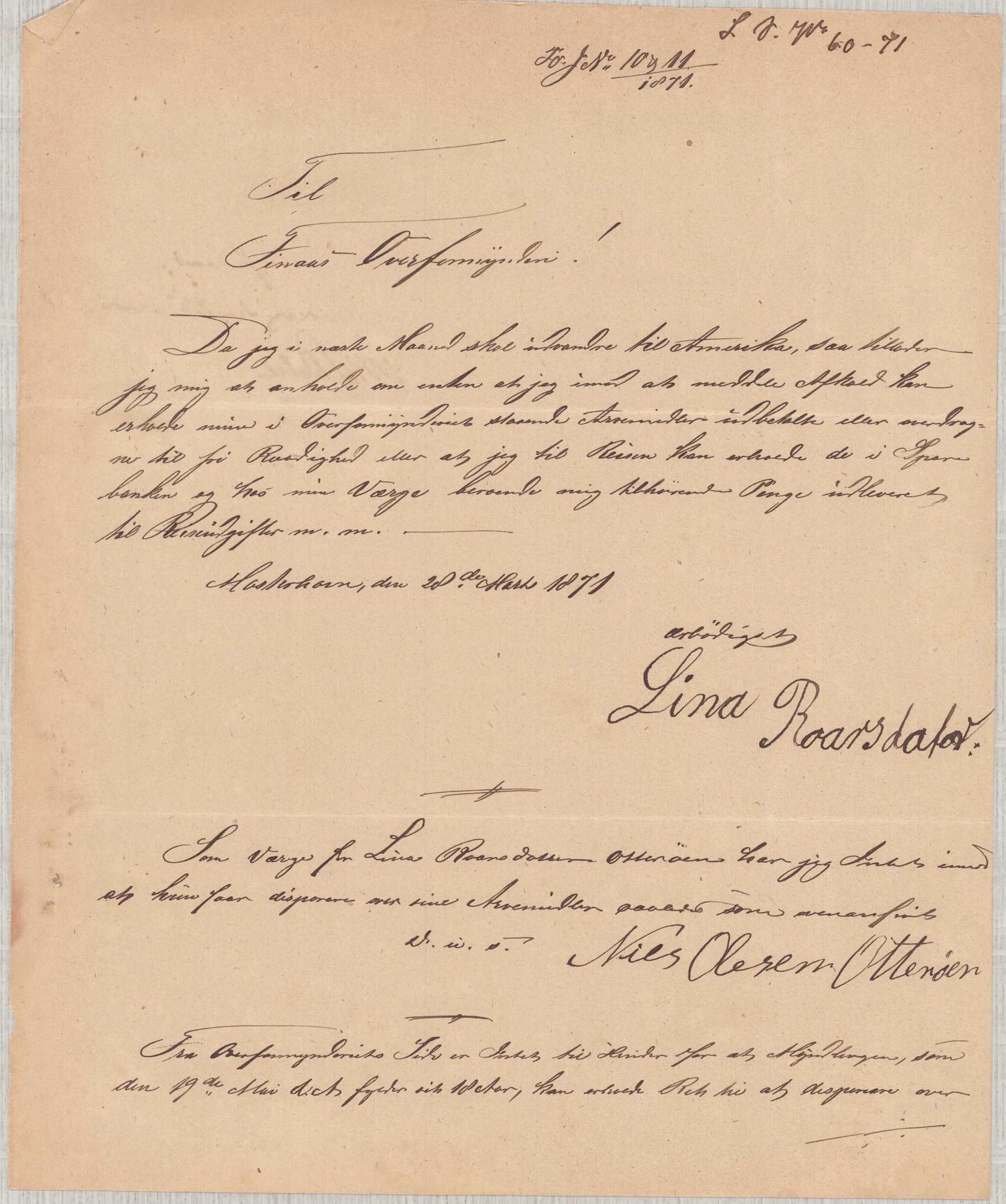 Finnaas kommune. Overformynderiet, IKAH/1218a-812/D/Da/Daa/L0001/0001: Kronologisk ordna korrespondanse / Kronologisk ordna korrespondanse, 1860-1874, p. 107