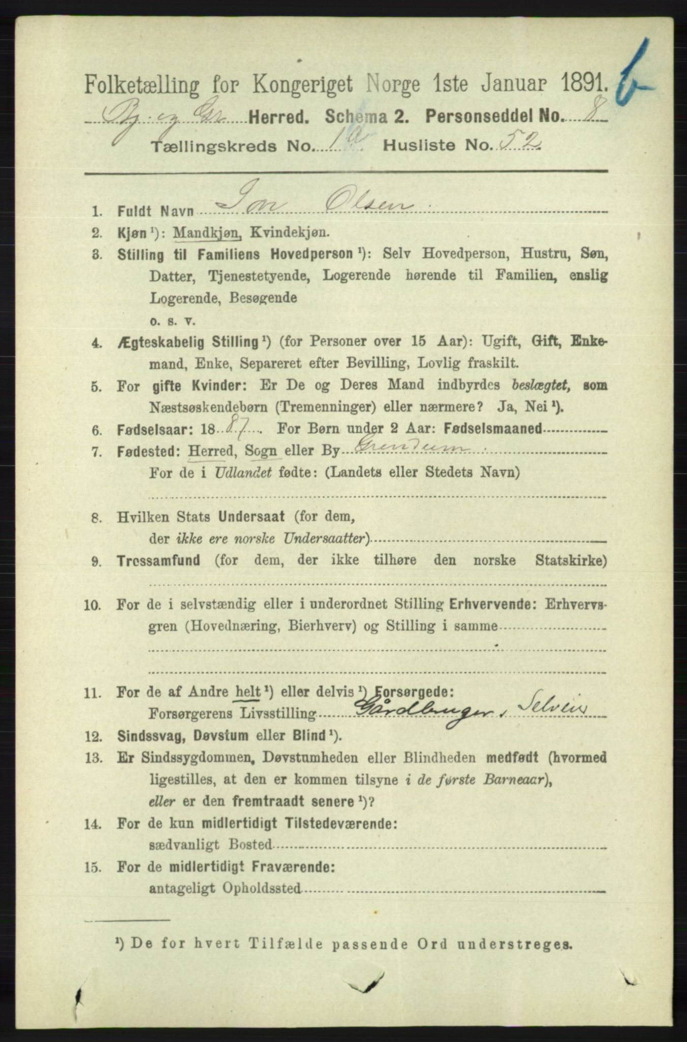 RA, 1891 census for 1024 Bjelland og Grindheim, 1891, p. 1071