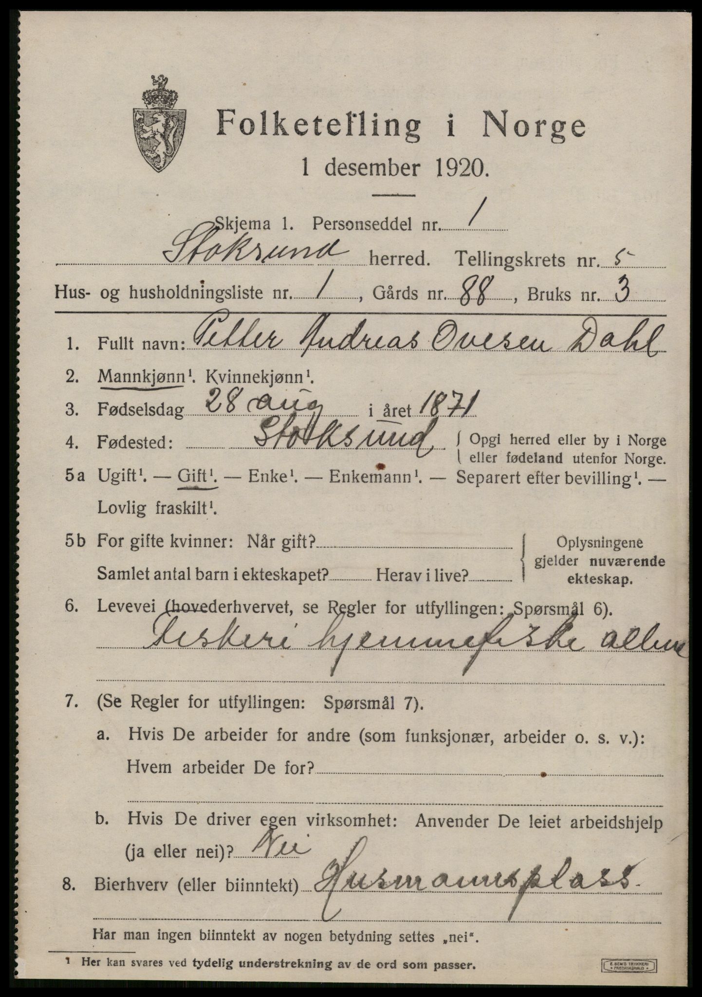 SAT, 1920 census for Stoksund, 1920, p. 2588