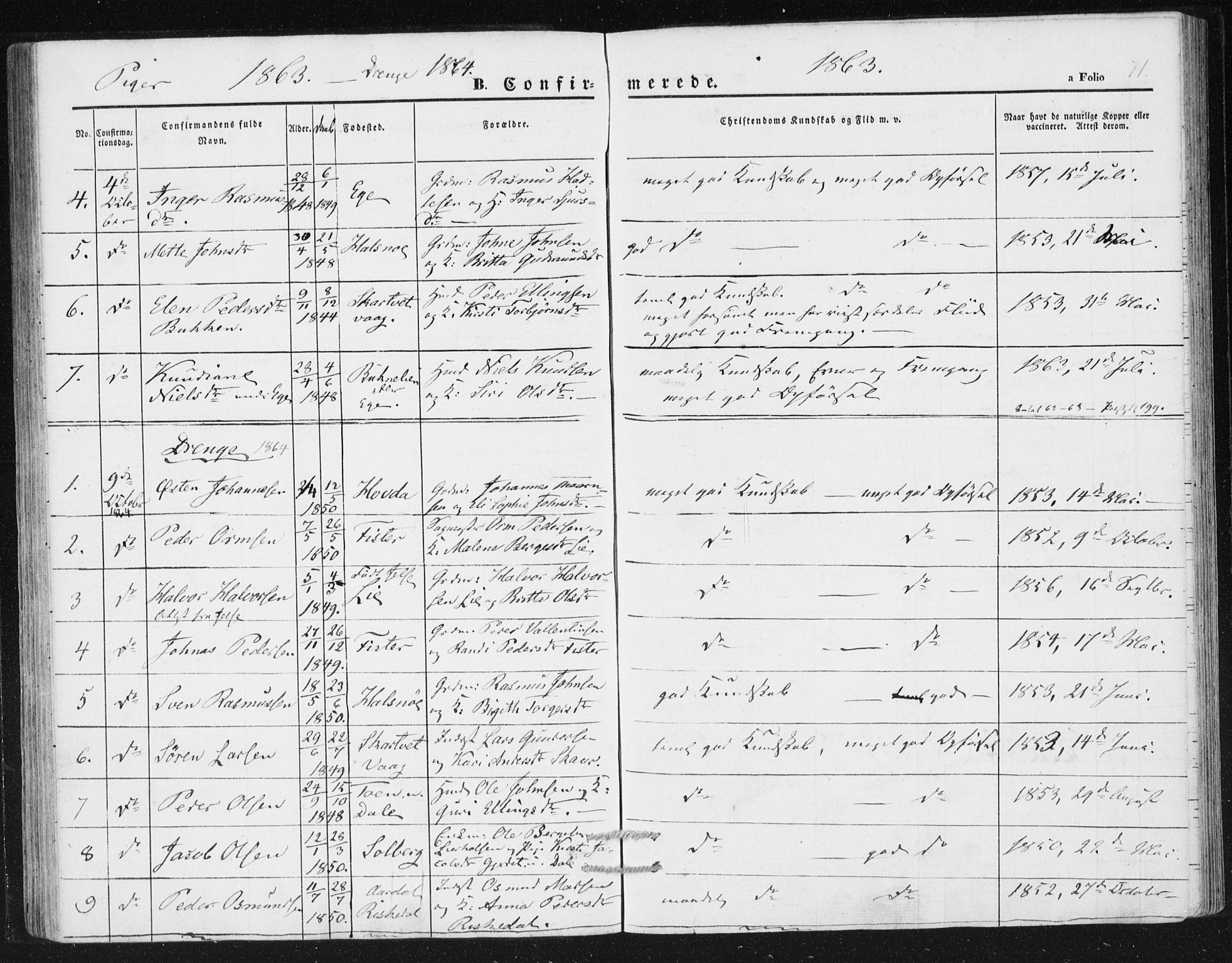 Hjelmeland sokneprestkontor, SAST/A-101843/01/IV/L0010: Parish register (official) no. A 10, 1851-1871, p. 71