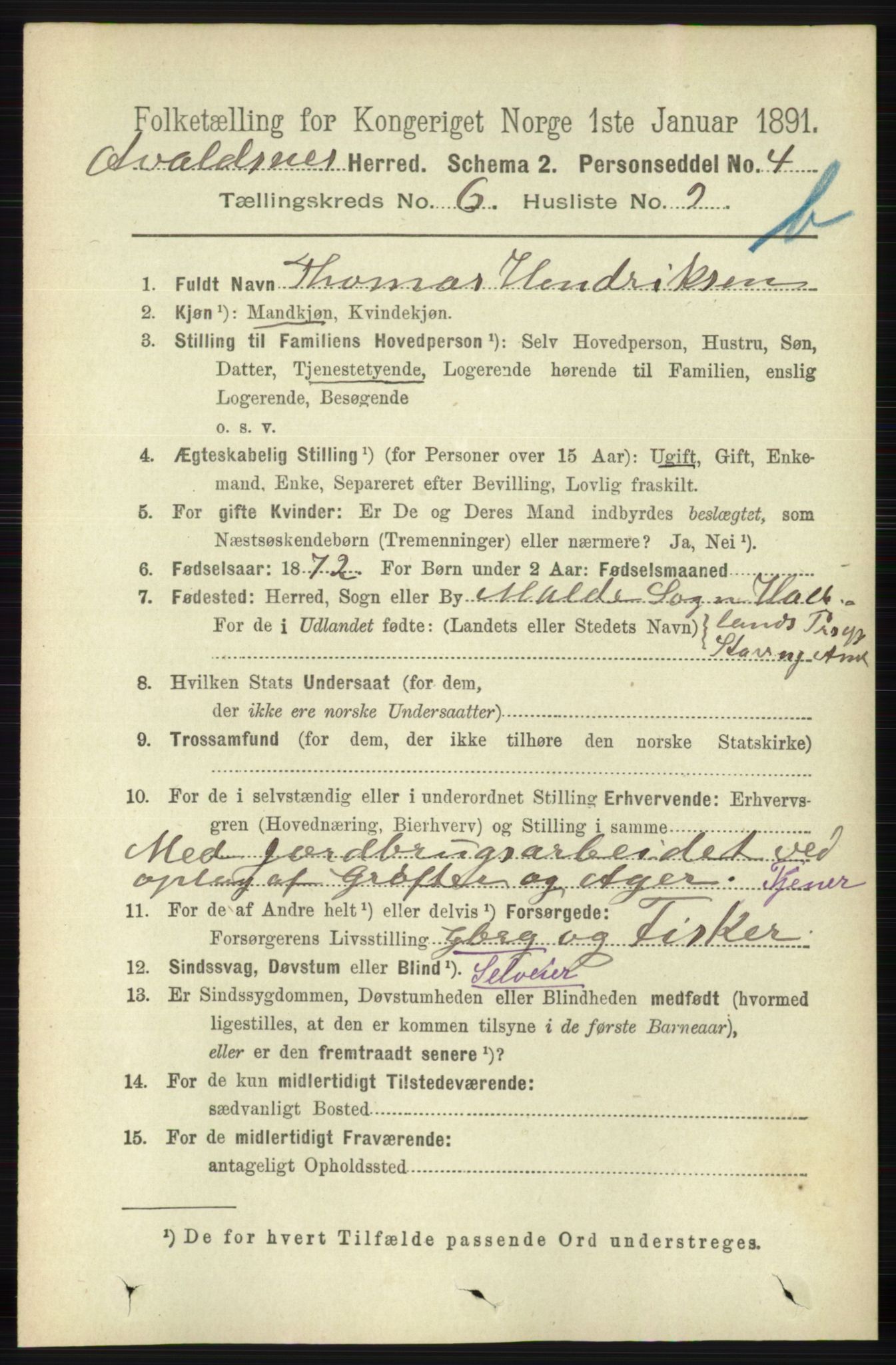 RA, 1891 census for 1147 Avaldsnes, 1891, p. 3284