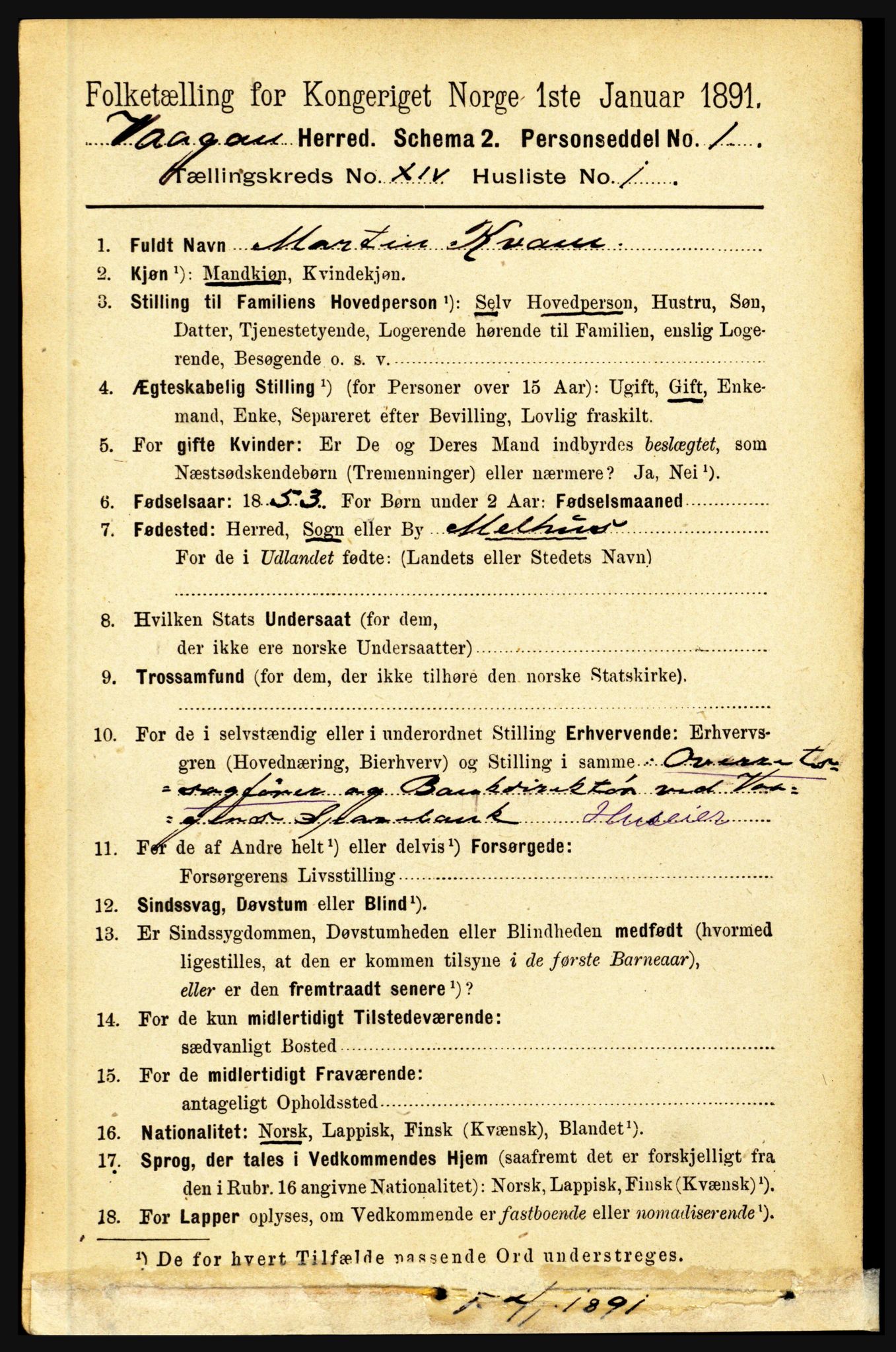 RA, 1891 census for 1865 Vågan, 1891, p. 3655