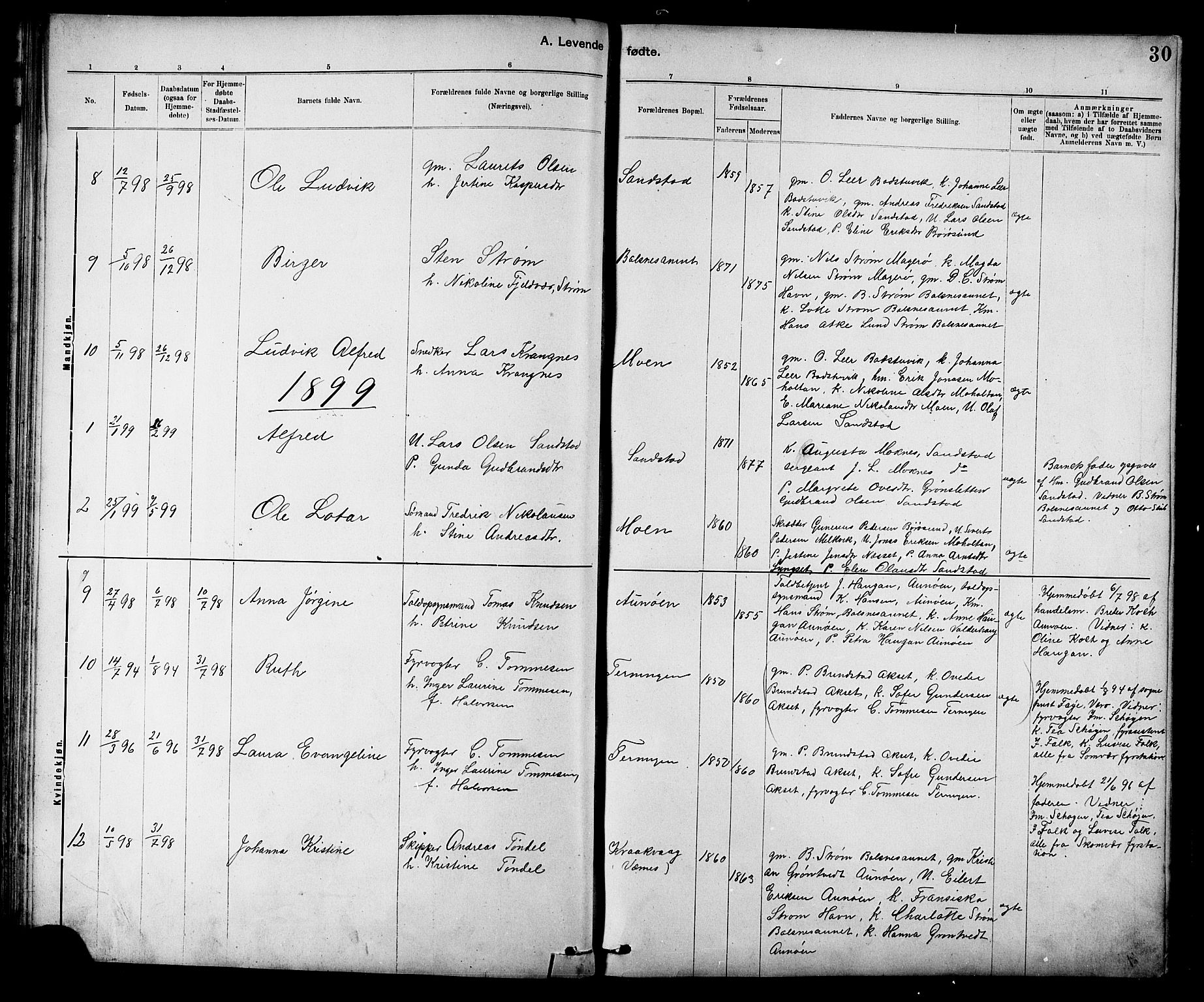 Ministerialprotokoller, klokkerbøker og fødselsregistre - Sør-Trøndelag, SAT/A-1456/639/L0573: Parish register (copy) no. 639C01, 1890-1905, p. 30