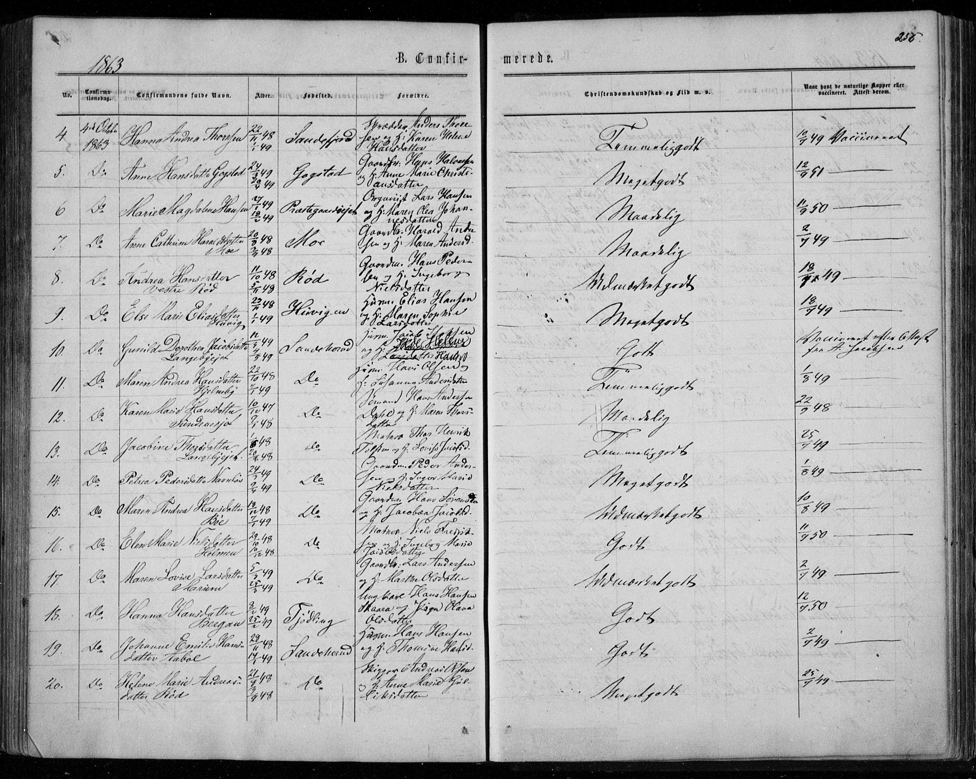Sandar kirkebøker, SAKO/A-243/F/Fa/L0008: Parish register (official) no. 8, 1862-1871, p. 256