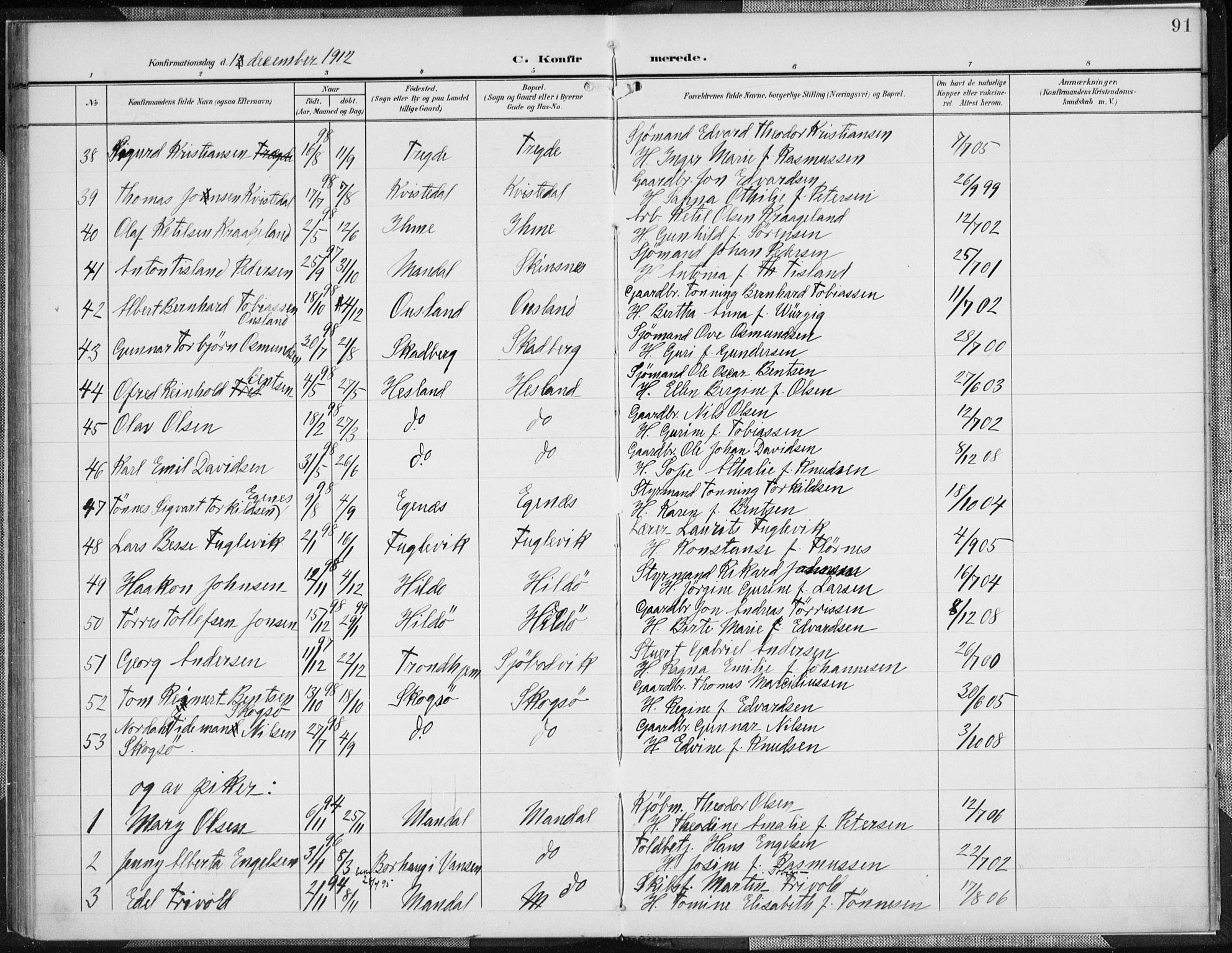 Mandal sokneprestkontor, AV/SAK-1111-0030/F/Fa/Faa/L0019: Parish register (official) no. A 19, 1902-1912, p. 91