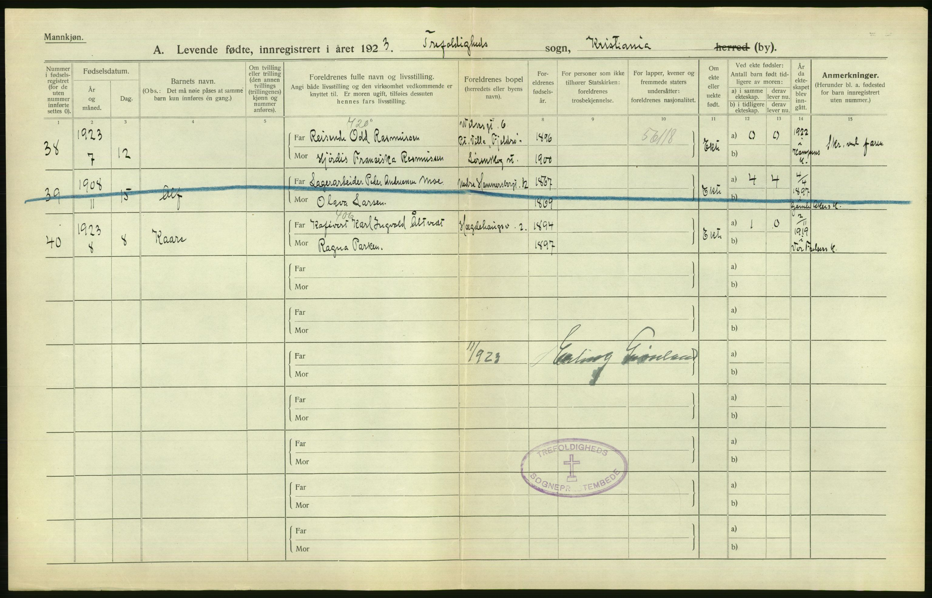 Statistisk sentralbyrå, Sosiodemografiske emner, Befolkning, AV/RA-S-2228/D/Df/Dfc/Dfcc/L0006: Kristiania: Levendefødte menn og kvinner., 1923, p. 822