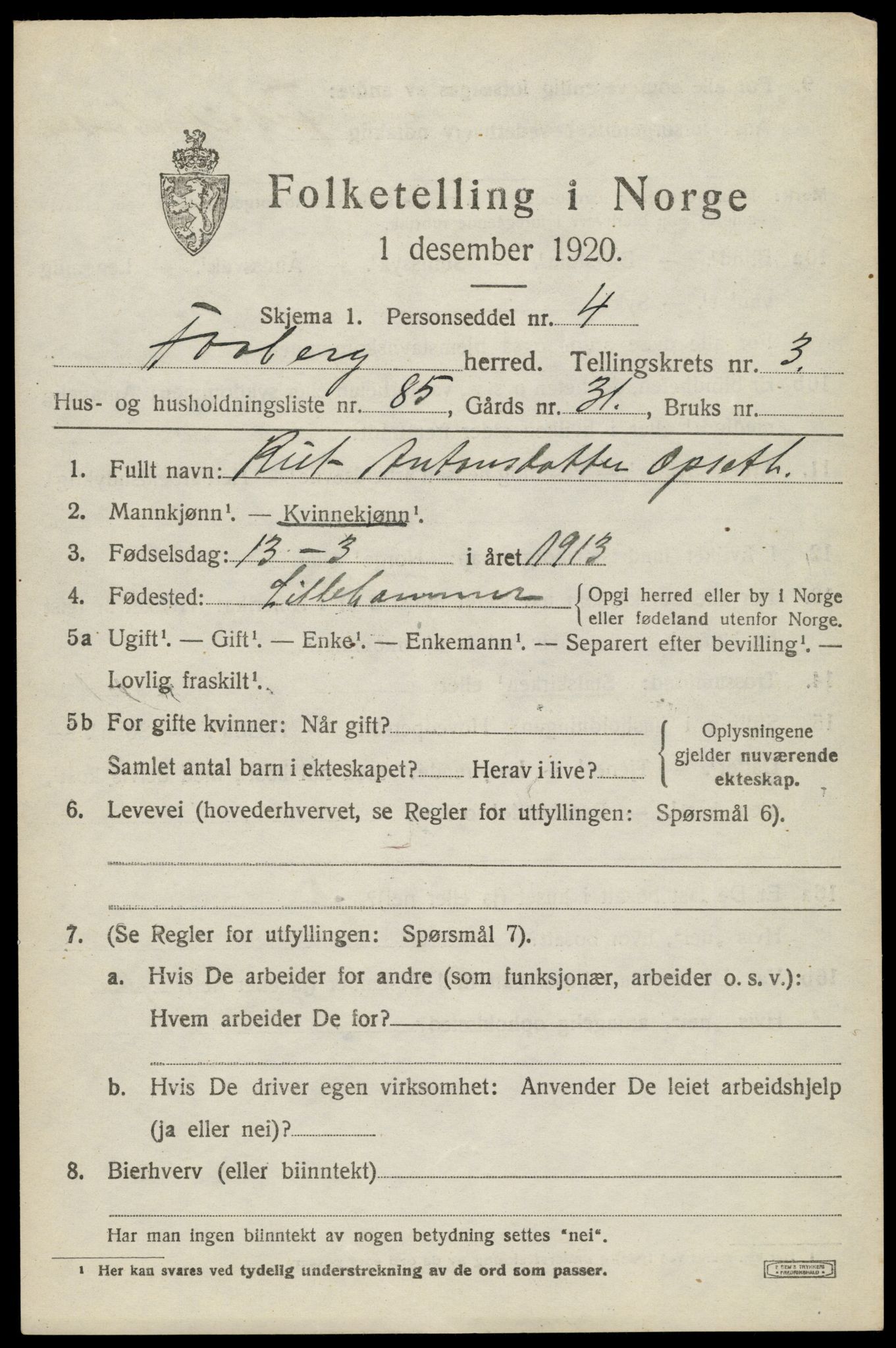 SAH, 1920 census for Fåberg, 1920, p. 4472