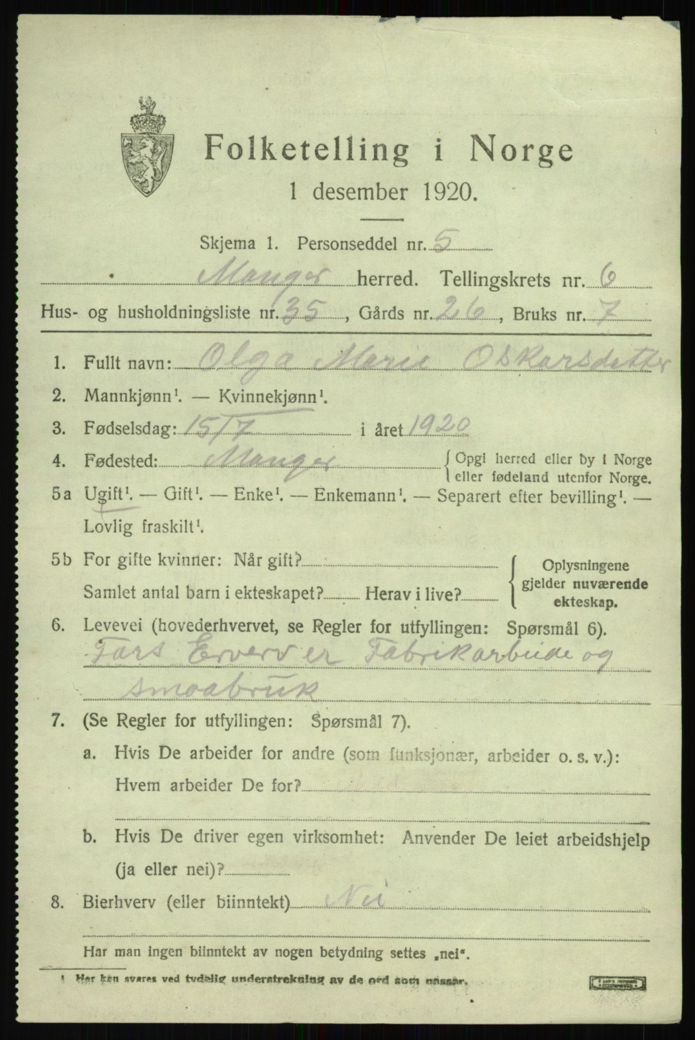 SAB, 1920 census for Manger, 1920, p. 4301