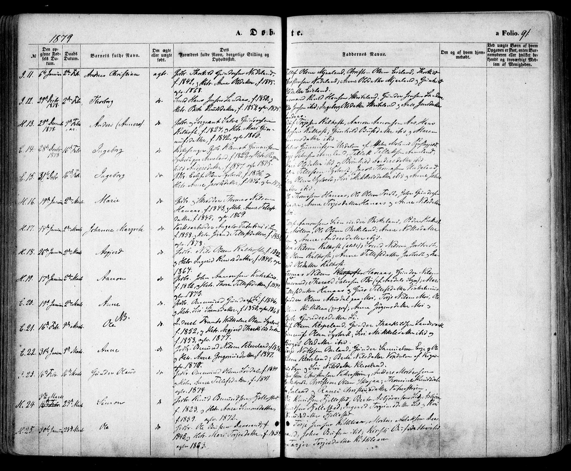 Evje sokneprestkontor, SAK/1111-0008/F/Fa/Faa/L0006: Parish register (official) no. A 6, 1866-1884, p. 91