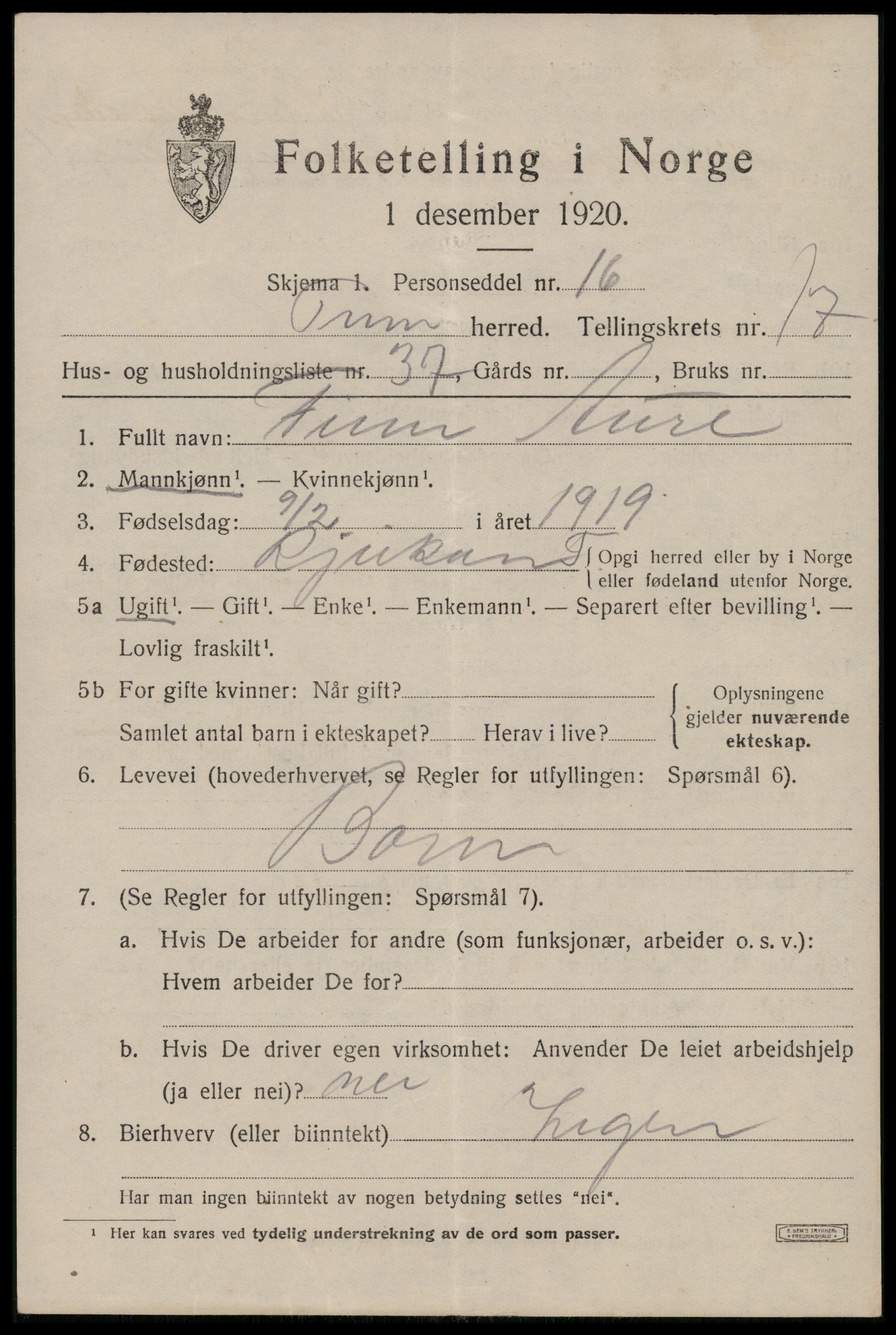 SAKO, 1920 census for Tinn, 1920, p. 19386