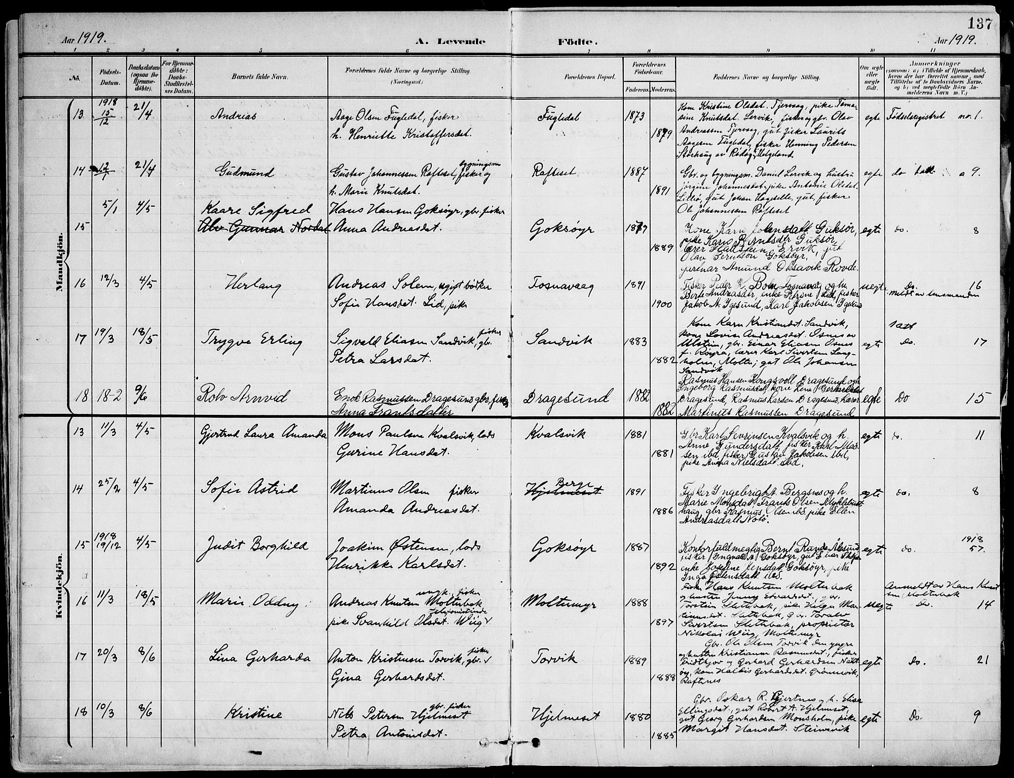 Ministerialprotokoller, klokkerbøker og fødselsregistre - Møre og Romsdal, AV/SAT-A-1454/507/L0075: Parish register (official) no. 507A10, 1901-1920, p. 137