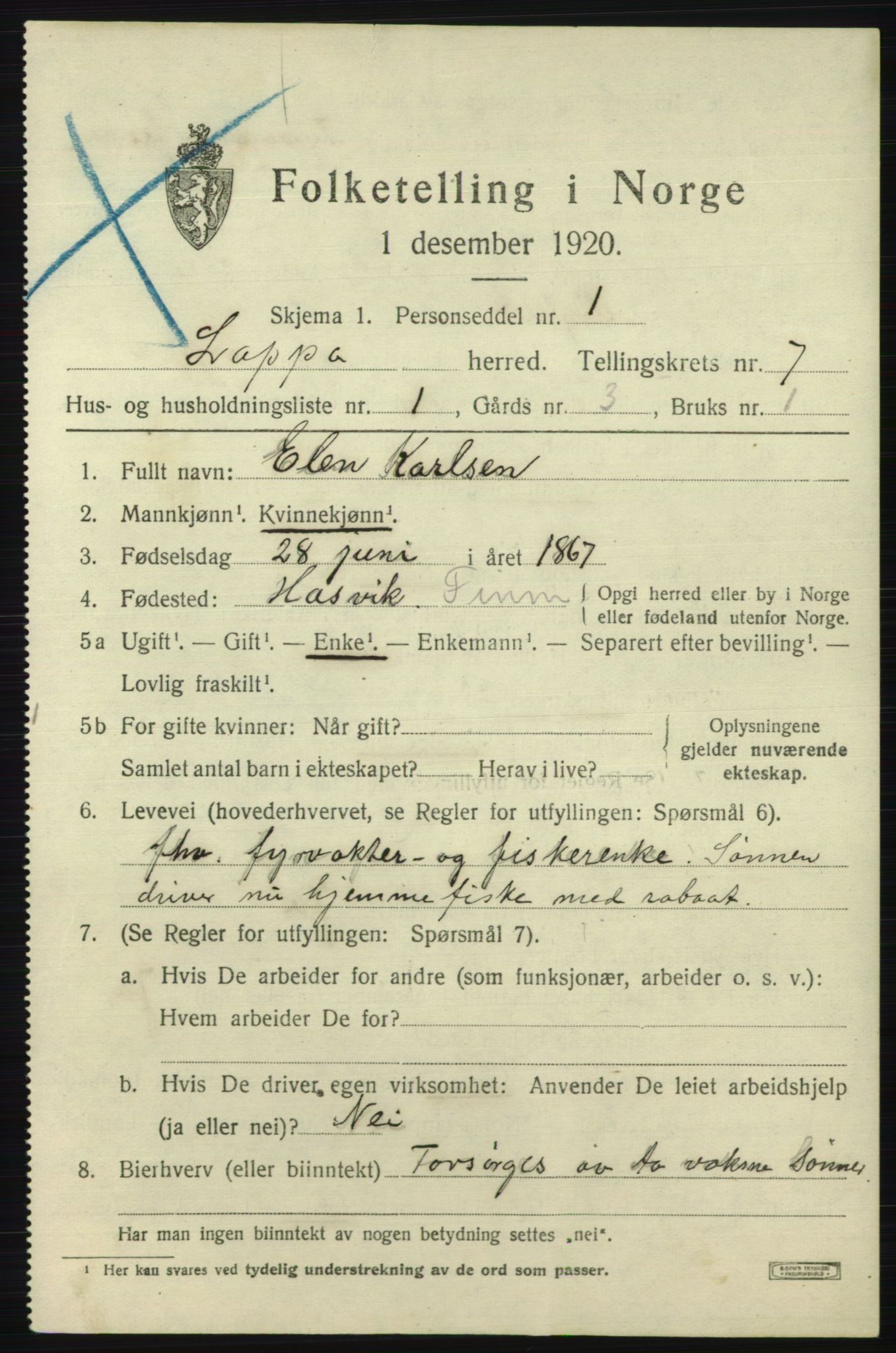 SATØ, 1920 census for Loppa, 1920, p. 3076