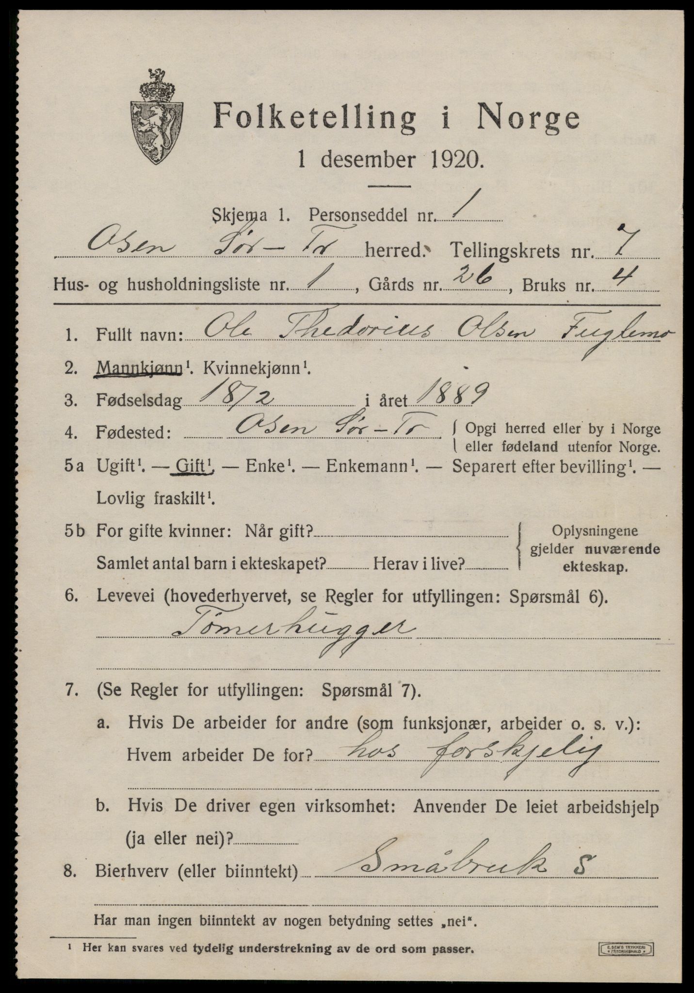 SAT, 1920 census for Osen, 1920, p. 3137