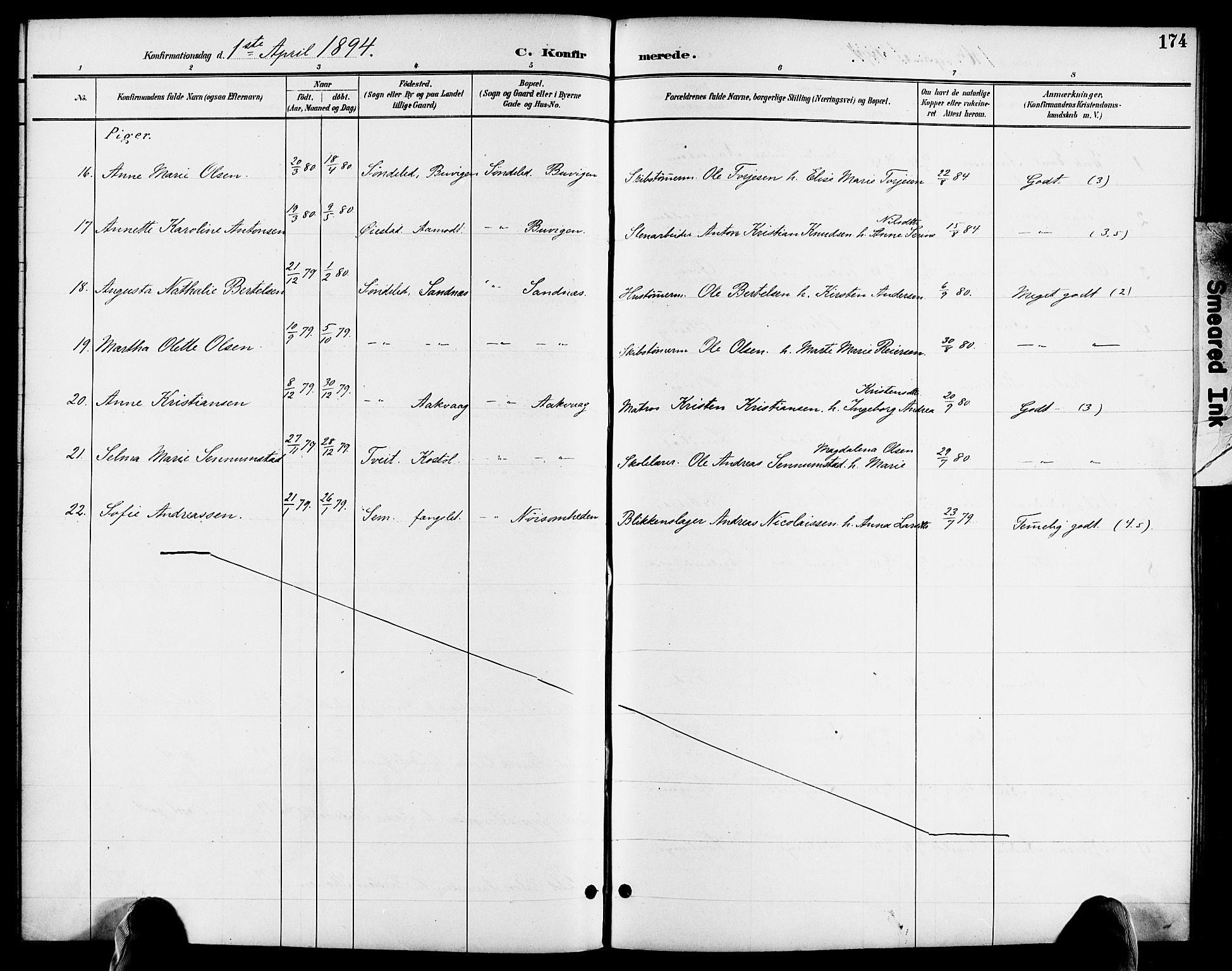 Søndeled sokneprestkontor, AV/SAK-1111-0038/F/Fa/L0005: Parish register (official) no. A 5, 1889-1899, p. 174