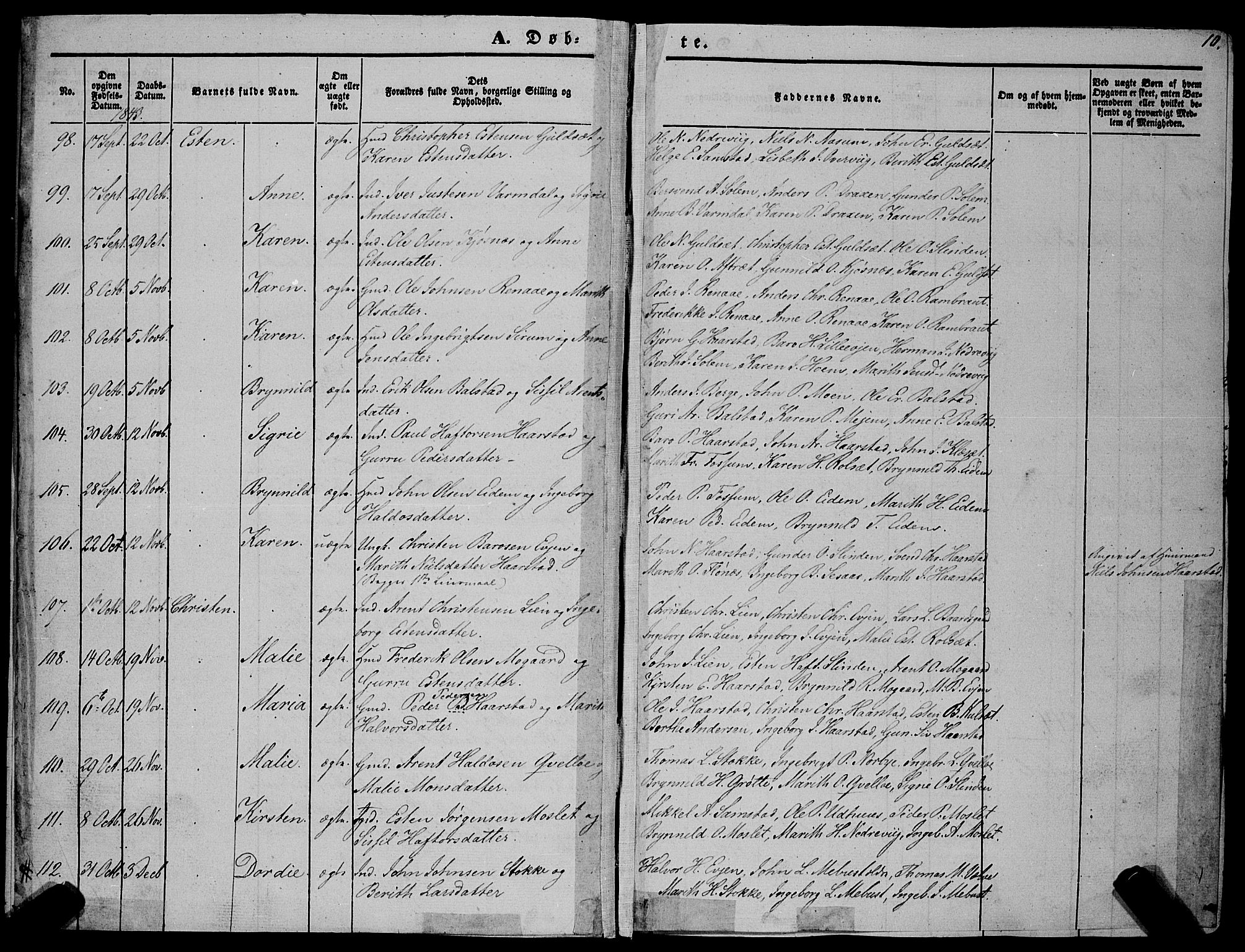 Ministerialprotokoller, klokkerbøker og fødselsregistre - Sør-Trøndelag, SAT/A-1456/695/L1145: Parish register (official) no. 695A06 /1, 1843-1859, p. 10