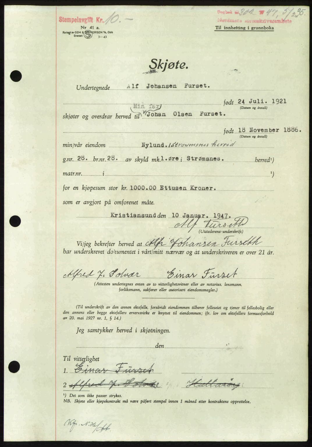 Nordmøre sorenskriveri, AV/SAT-A-4132/1/2/2Ca: Mortgage book no. A104, 1947-1947, Diary no: : 302/1947