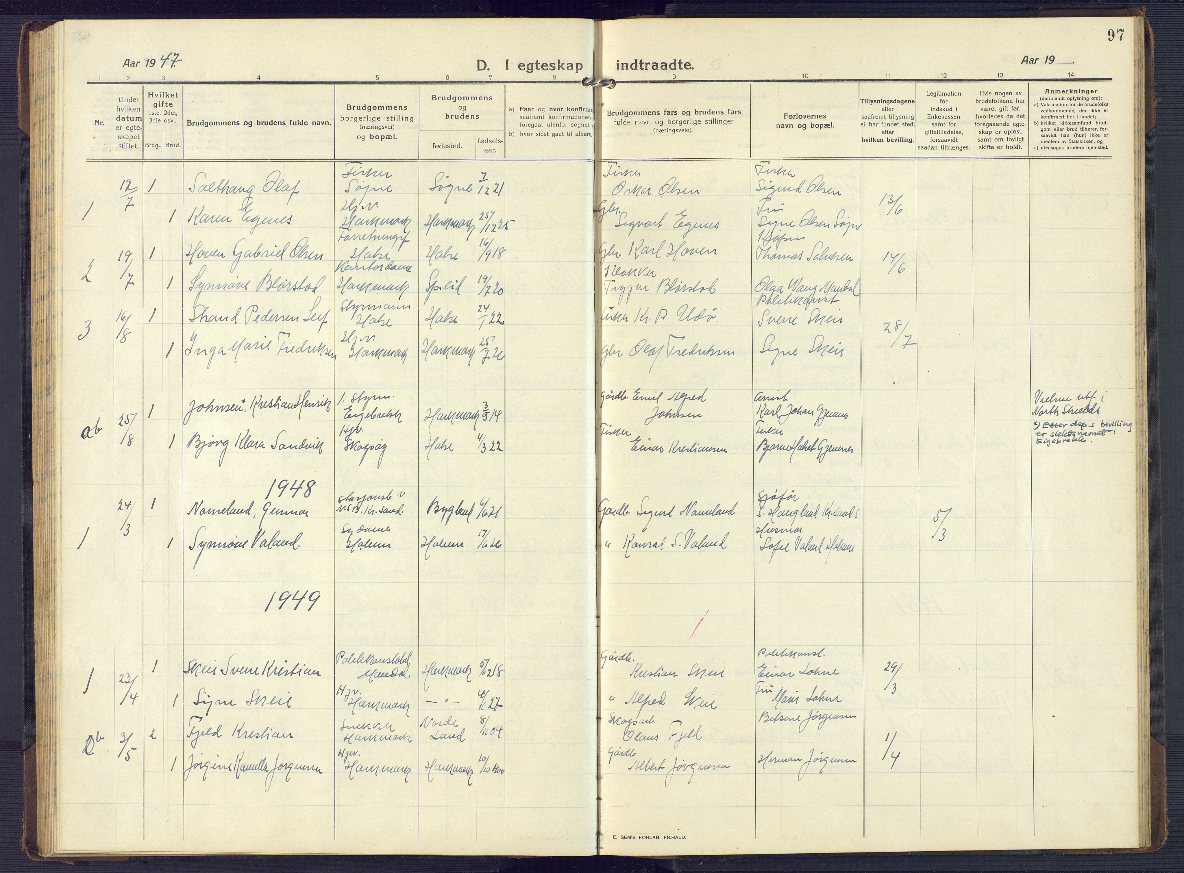 Mandal sokneprestkontor, SAK/1111-0030/F/Fb/Fbb/L0005: Parish register (copy) no. B 5, 1913-1957, p. 97